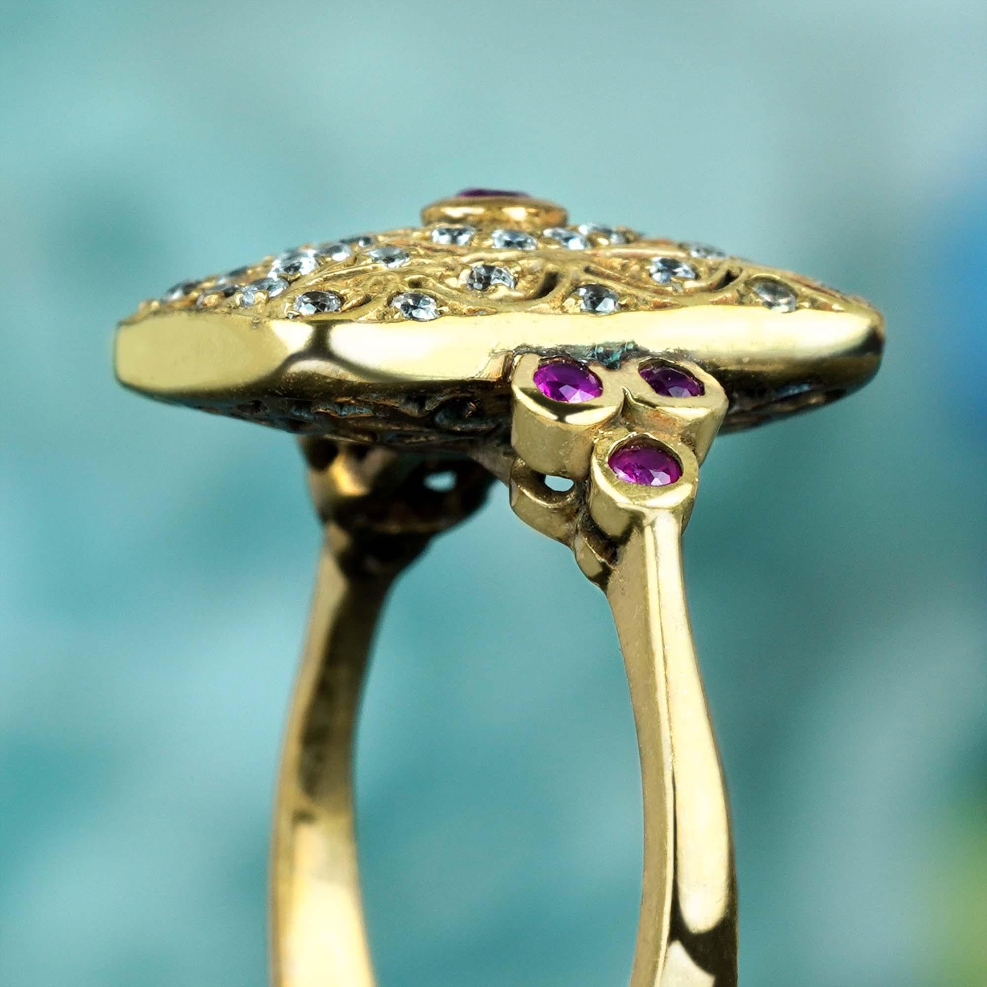 En venta: Anillo cuadrado de filigrana de rubí natural y diamantes en oro amarillo macizo de 9 quilates  6
