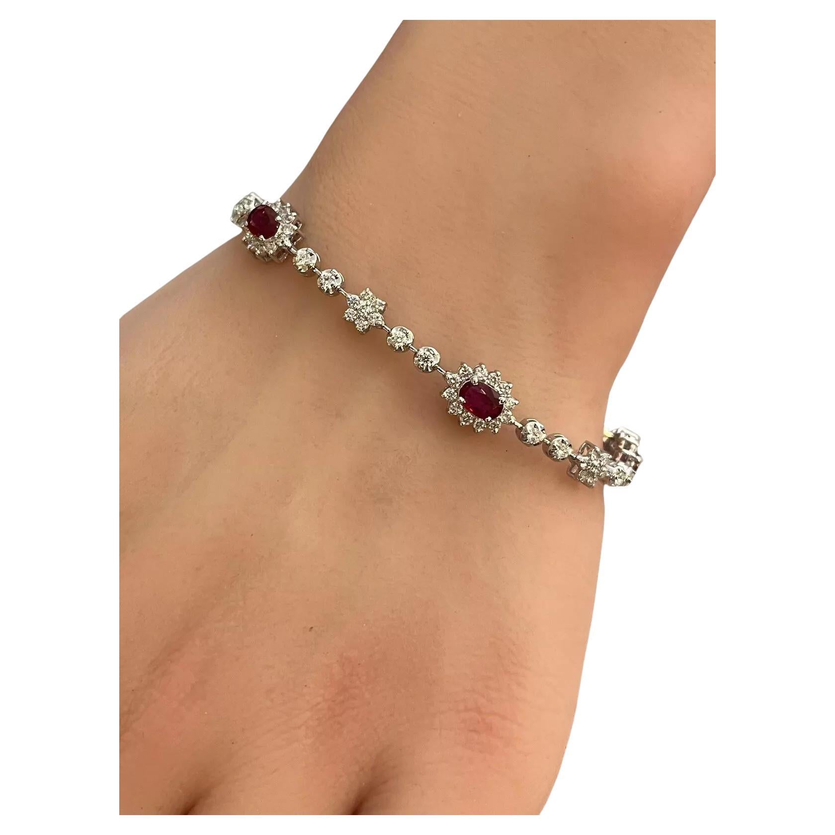 Natural Ruby and Diamond Station Bracelet in 18k White Gold