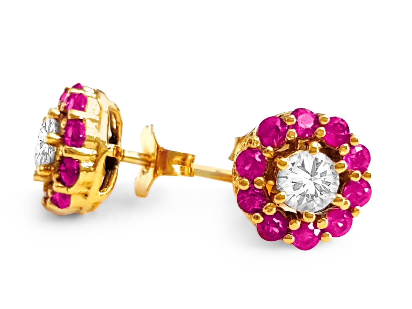 Metal: 14k Yellow Gold. 
Diamonds: 0.50 carats total. VS clarity & F color. 
Ruby: 0.85ct, diamond cut ruby. All precious stones are 100% natural earth mined. TCW of all precious stones: 1.35cts. Womens diamond and ruby studs. Deep crimson ruby.