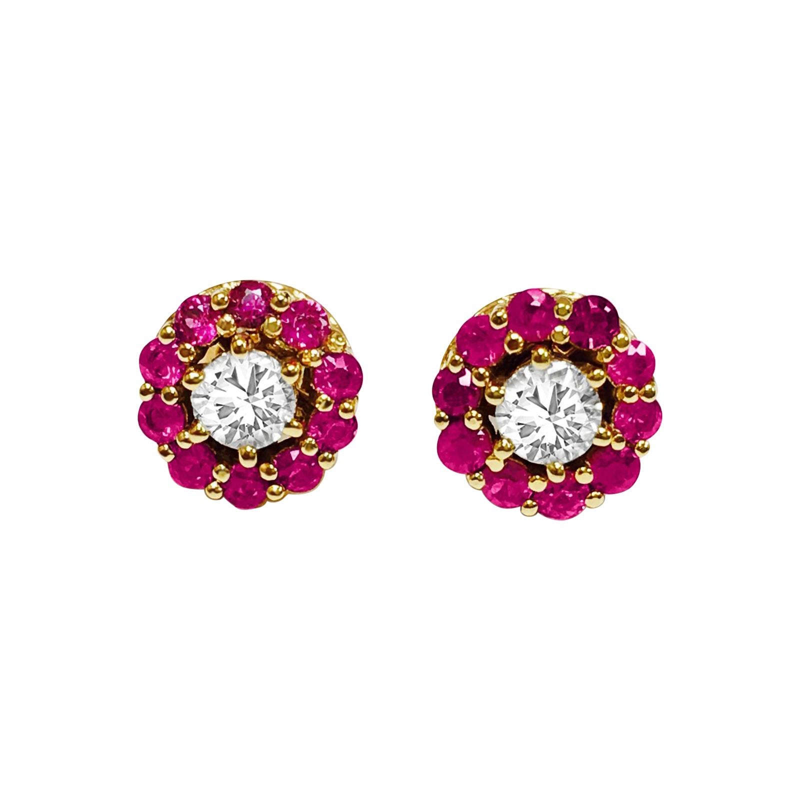Natural Ruby and Diamond Stud Earrings For Sale