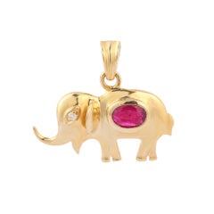 Natural Ruby and Diamond Studded Elephant Animal Pendant in 14K Yellow Gold