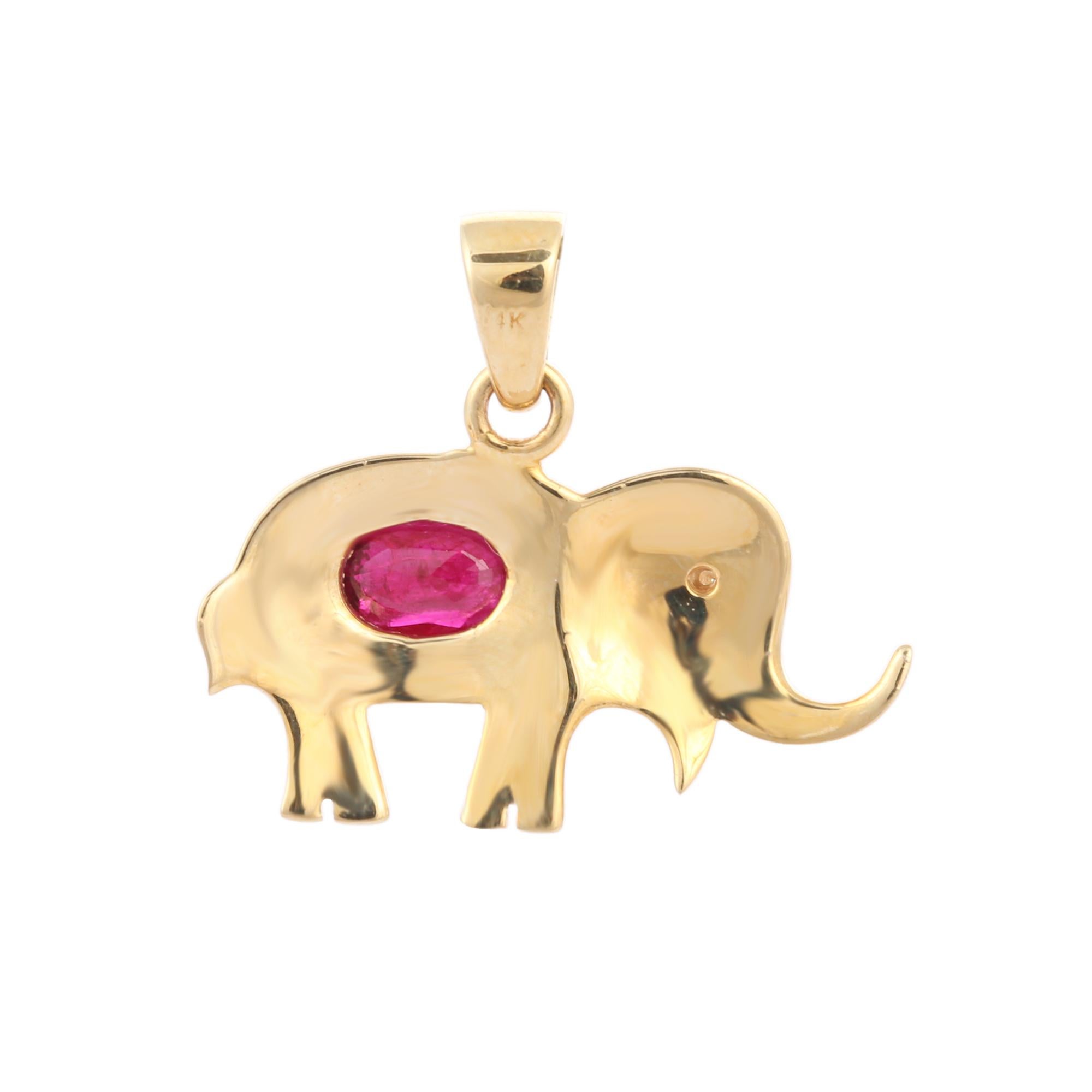 Contemporary Natural Ruby and Diamond Studded Elephant Animal Pendant in 14K Yellow Gold For Sale