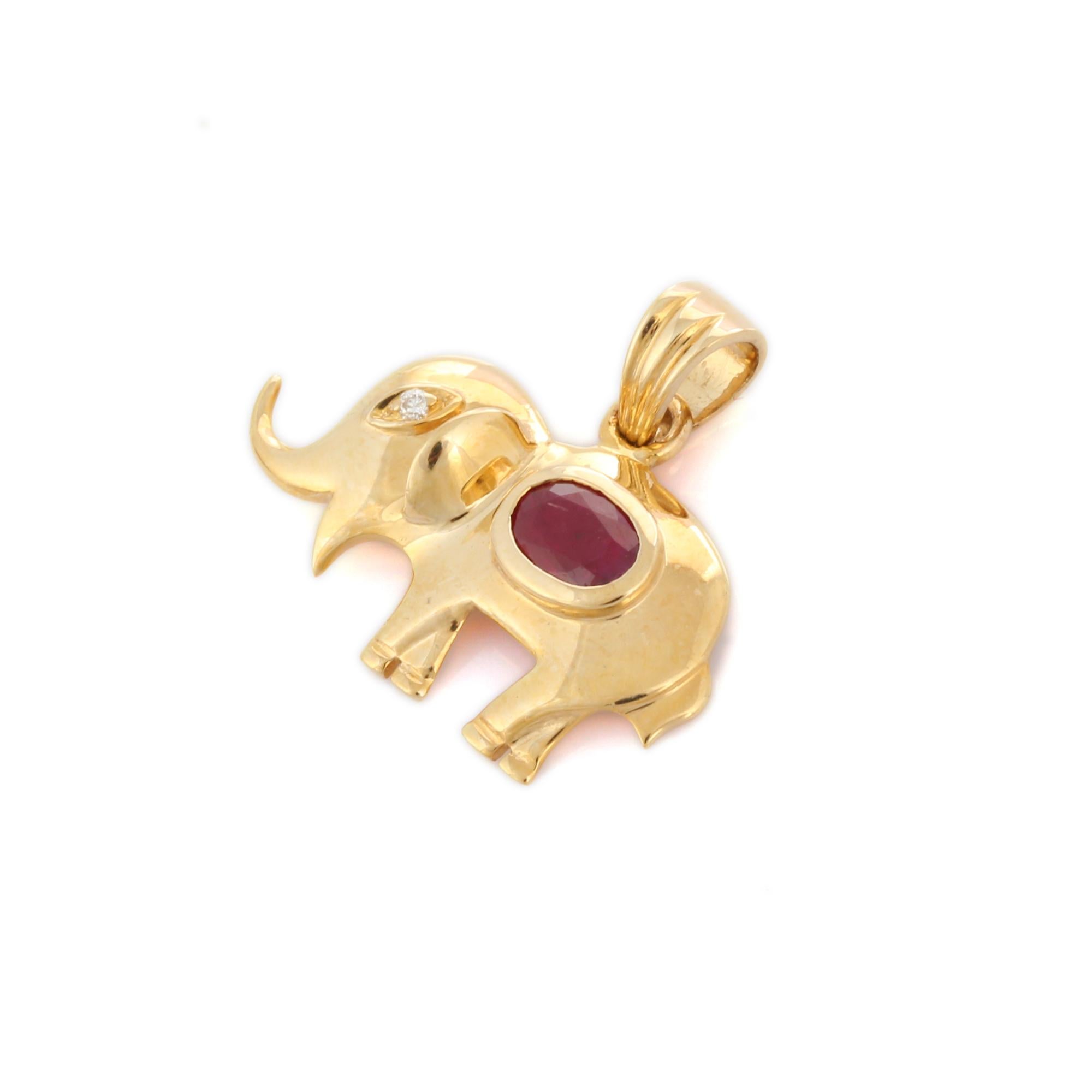 Oval Cut Natural Ruby and Diamond Studded Elephant Animal Pendant in 14K Yellow Gold For Sale