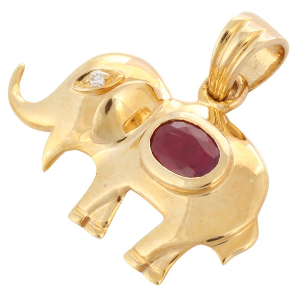 Natural Ruby and Diamond Studded Elephant Animal Pendant in 14K Yellow Gold For Sale