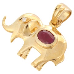 Natural Ruby and Diamond Studded Elephant Animal Pendant in 14K Yellow Gold