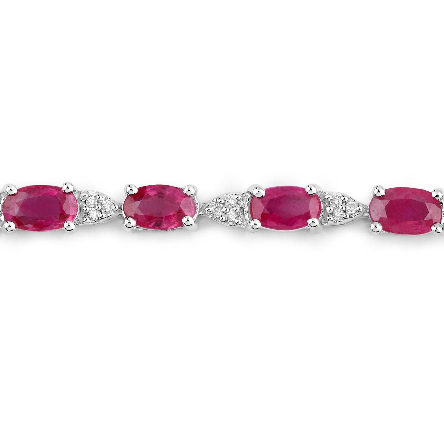 Oval Cut Natural Ruby and Diamond Tennis Bracelet 6.15 Carats Total 14k White Gold For Sale