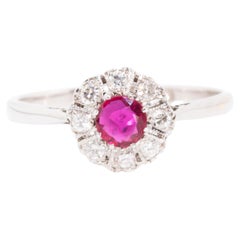 Natural Ruby and Diamond Vintage Halo Cluster Ring in 18 Carat White Gold
