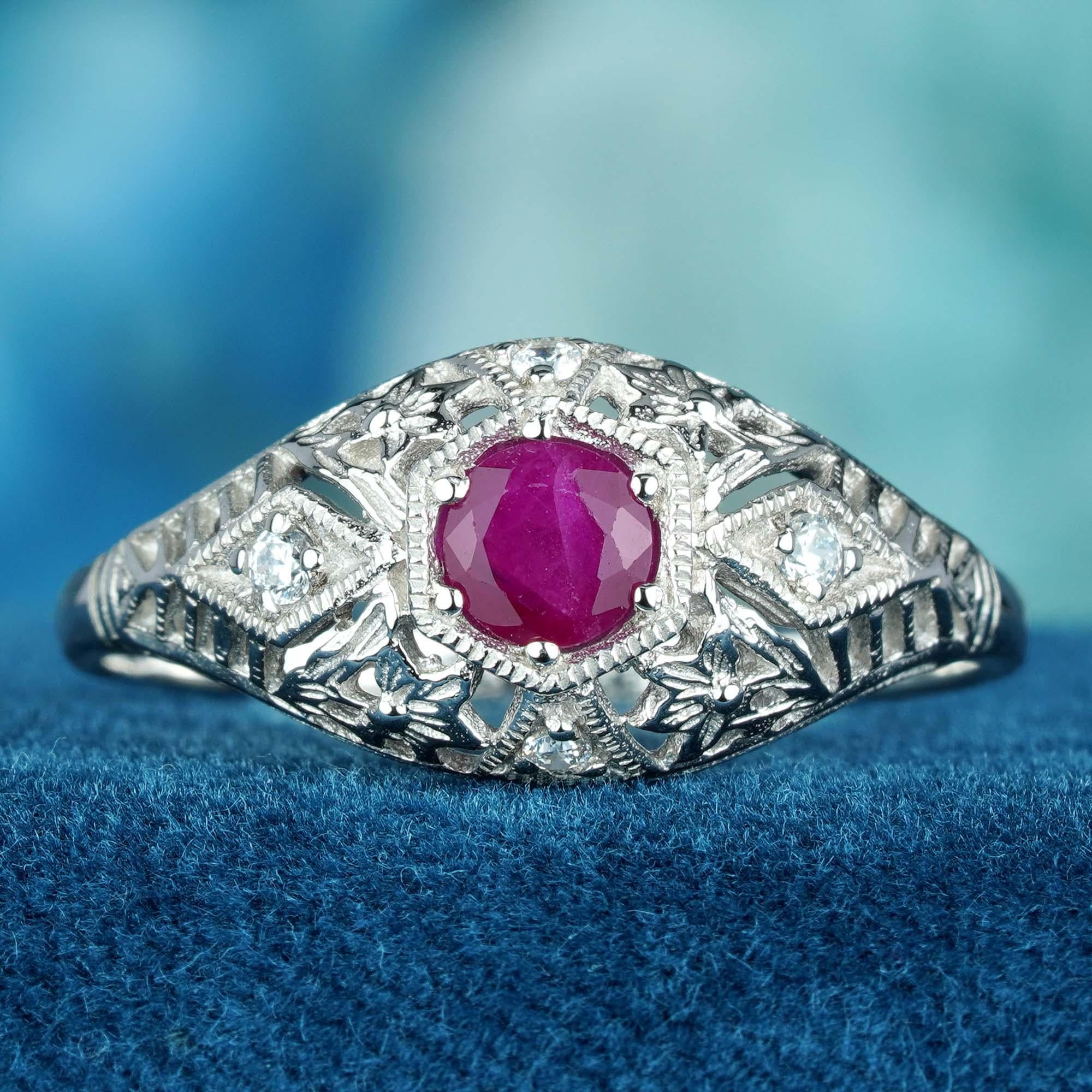 For Sale:  Natural Ruby and Diamond Vintage Style Filigree  Ring in Solid 9K White Gold 2