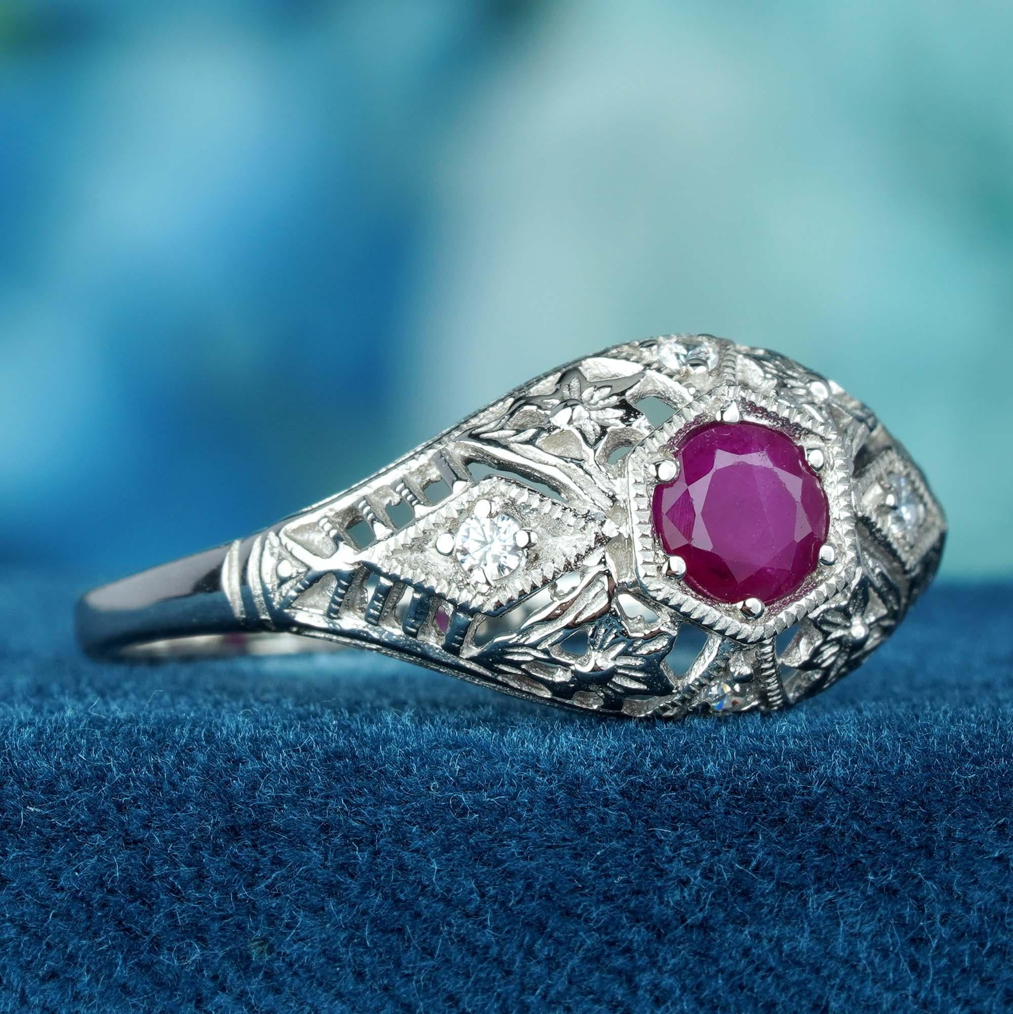 For Sale:  Natural Ruby and Diamond Vintage Style Filigree  Ring in Solid 9K White Gold 3