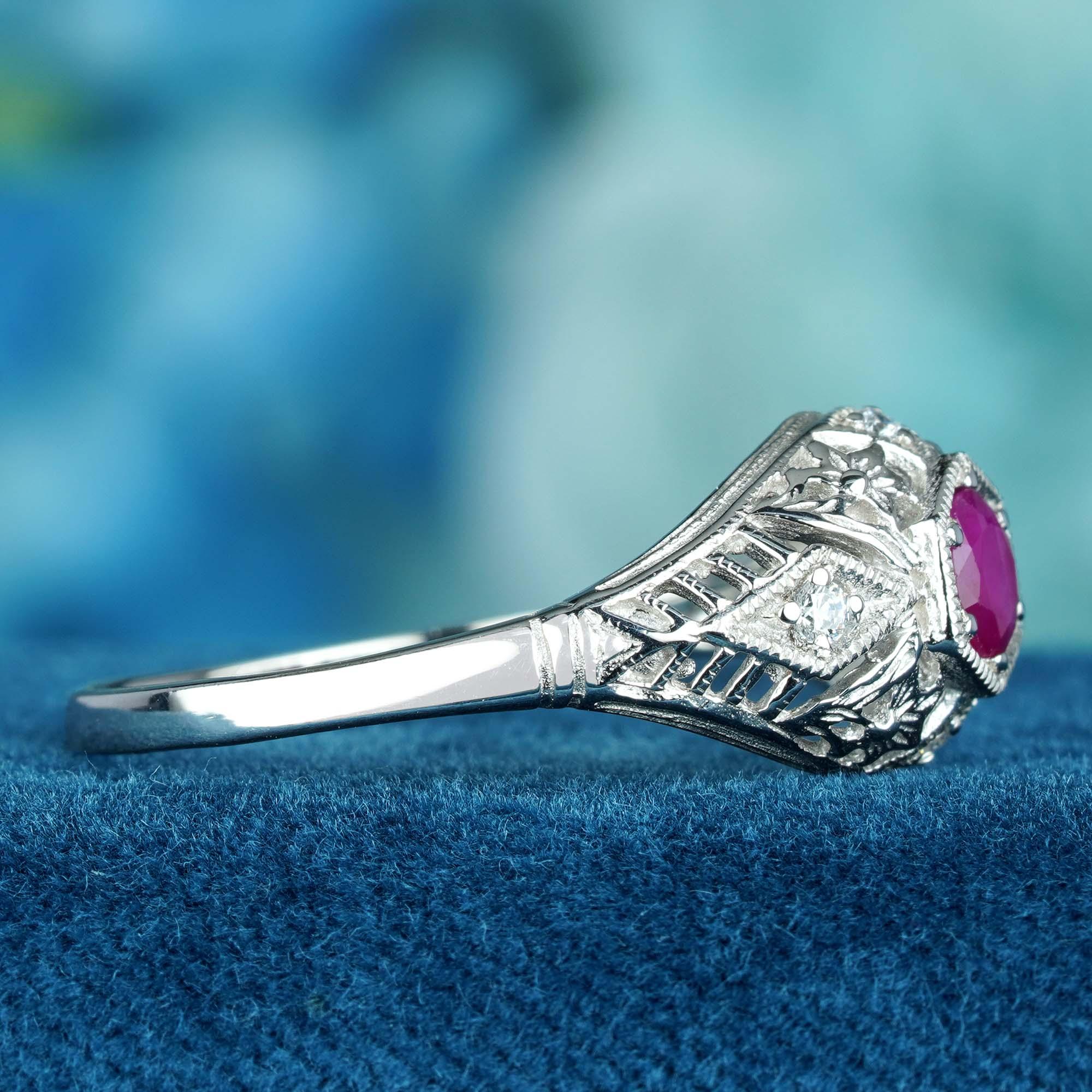 For Sale:  Natural Ruby and Diamond Vintage Style Filigree  Ring in Solid 9K White Gold 4