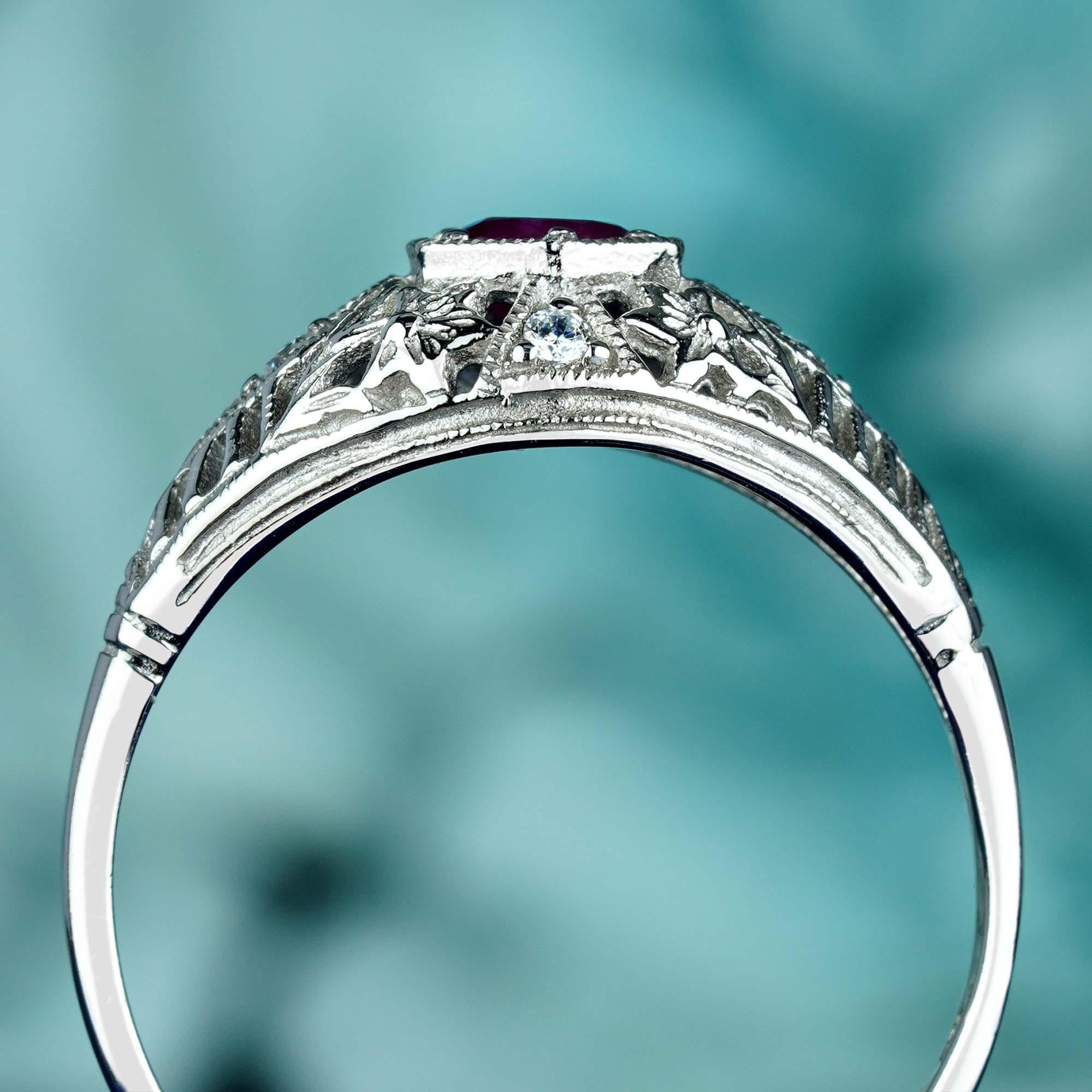 Im Angebot: Filigraner natürlicher Rubin und Diamant im Vintage-Stil  Ring aus massivem 9 Karat Weißgold () 5
