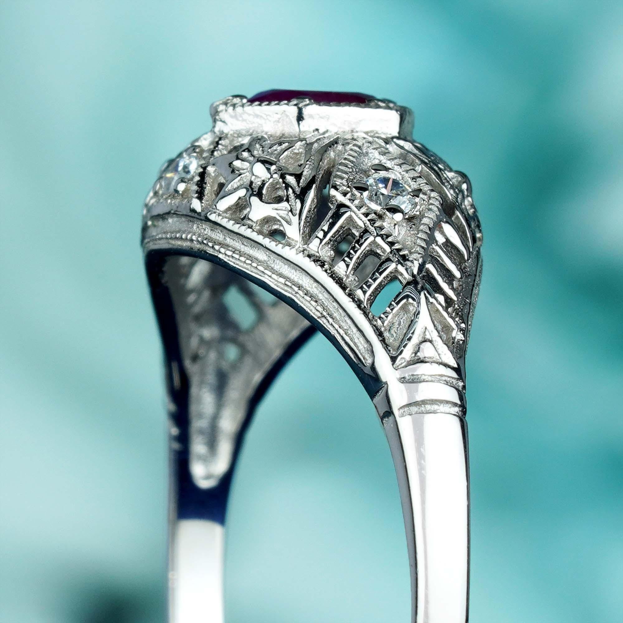 Im Angebot: Filigraner natürlicher Rubin und Diamant im Vintage-Stil  Ring aus massivem 9 Karat Weißgold () 6