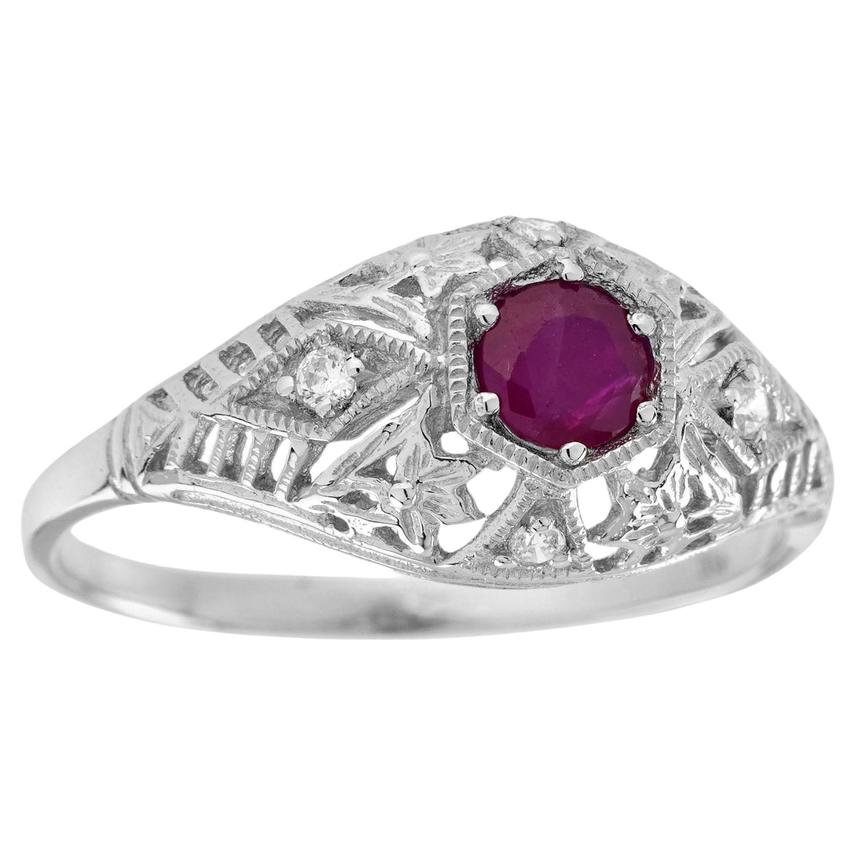 For Sale:  Natural Ruby and Diamond Vintage Style Filigree  Ring in Solid 9K White Gold