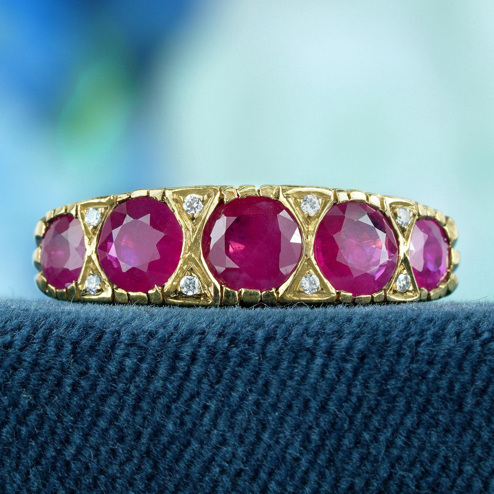 This exquisite vintage-inspired ring embellished with round, natural red rubies, resting upon a sleek and lustrous yellow gold band accentuated by small round diamonds between each five stones. The ring's delicate five-stone setting whispers of