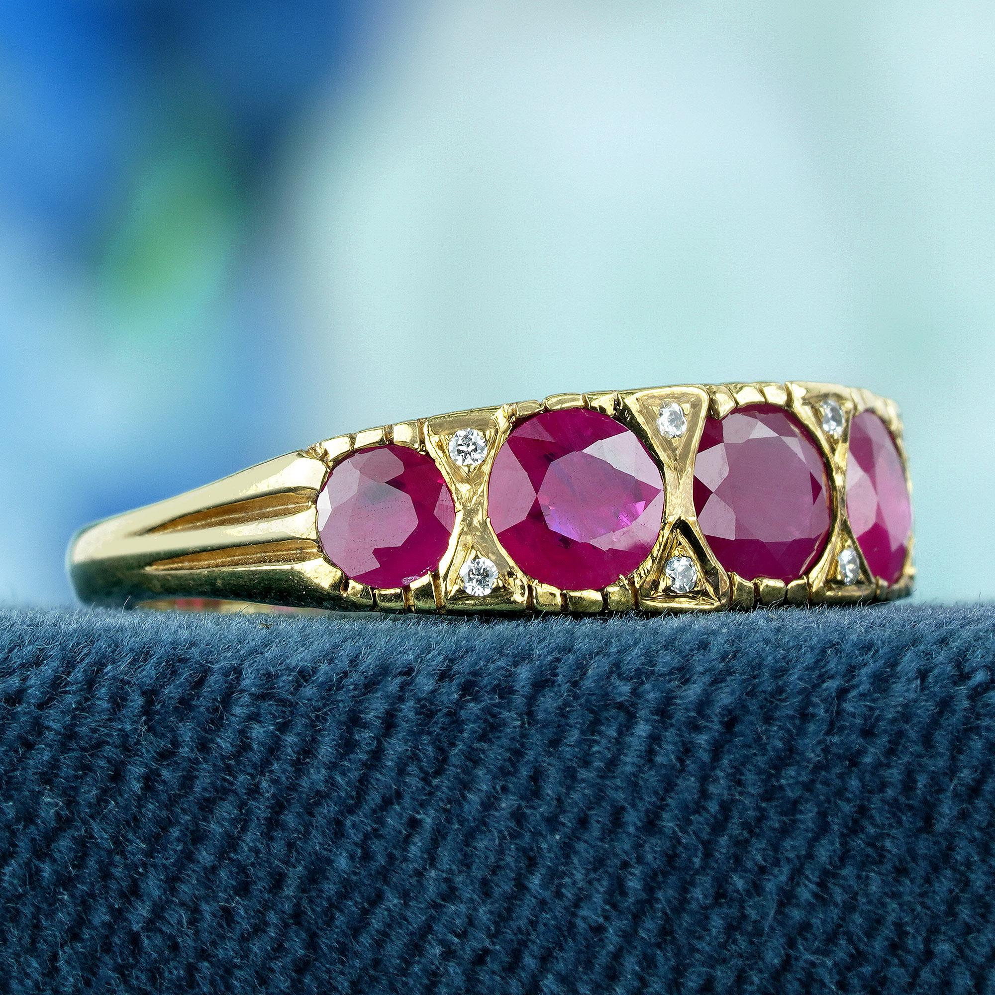 Edwardian Natural Ruby and Diamond Vintage Style Five Stone Ring in Solid 9K Yellow Gold For Sale