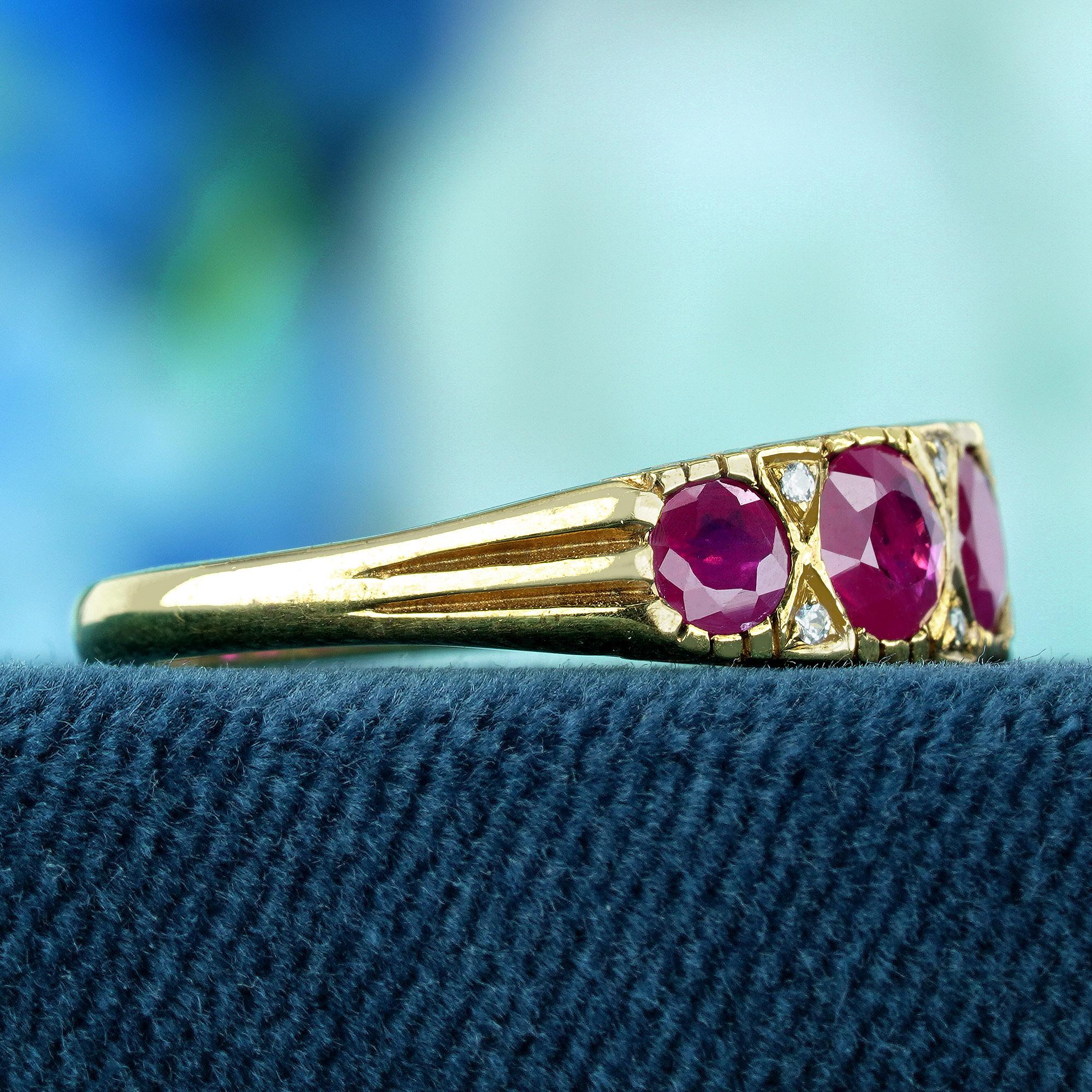 Round Cut Natural Ruby and Diamond Vintage Style Five Stone Ring in Solid 9K Yellow Gold For Sale