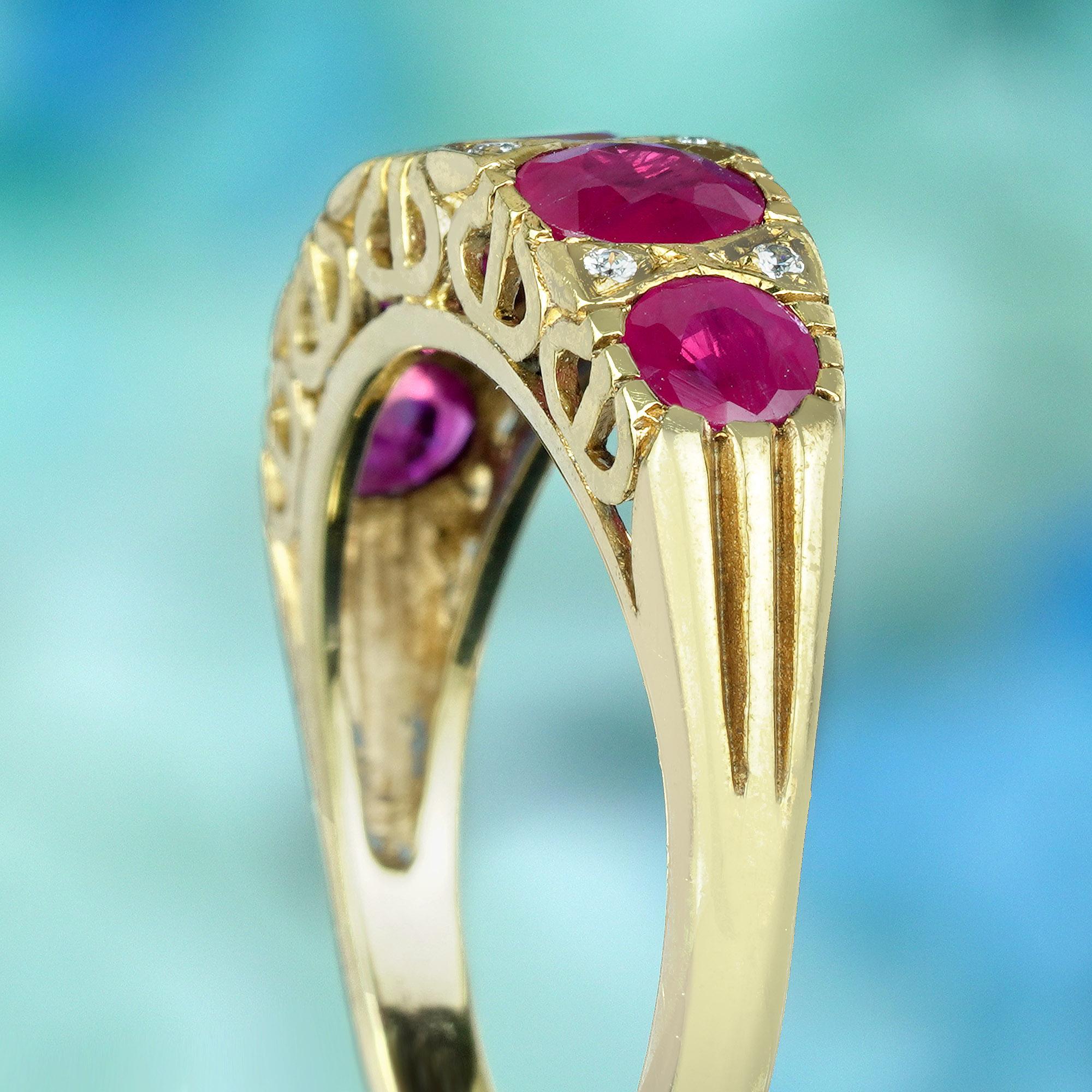 Women's Natural Ruby and Diamond Vintage Style Five Stone Ring in Solid 9K Yellow Gold For Sale