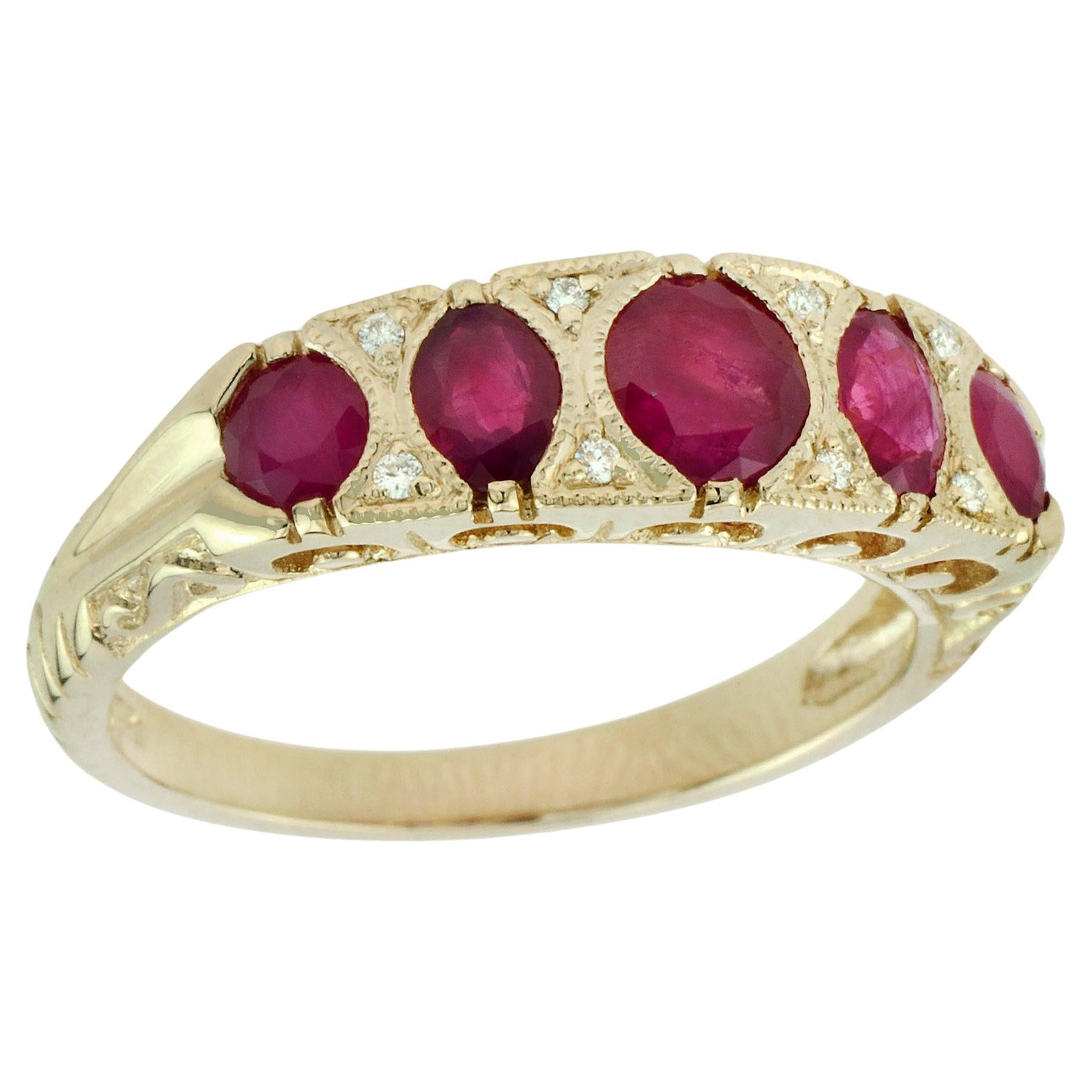 Natural Ruby and Diamond Vintage Style Five Stone Ring in Solid 9K Yellow Gold For Sale