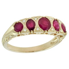 Natural Ruby and Diamond Vintage Style Five Stone Ring in Solid 9K Yellow Gold