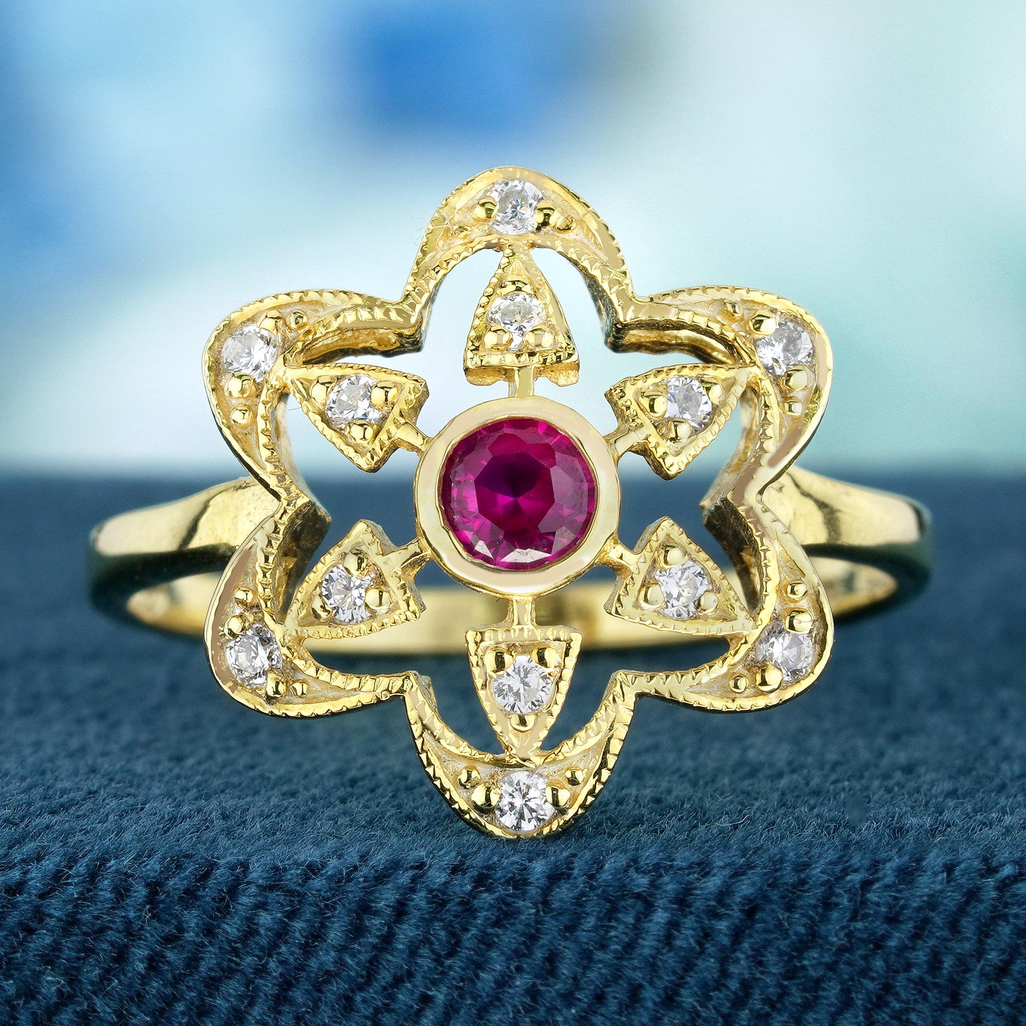 This exquisite vintage-inspired ring combines the allure of the central round red ruby and surrounding diamond-encrusted floral motif captivate attention effortlessly. Enhanced by the yellow gold setting, it imbues a sense of warmth and classic