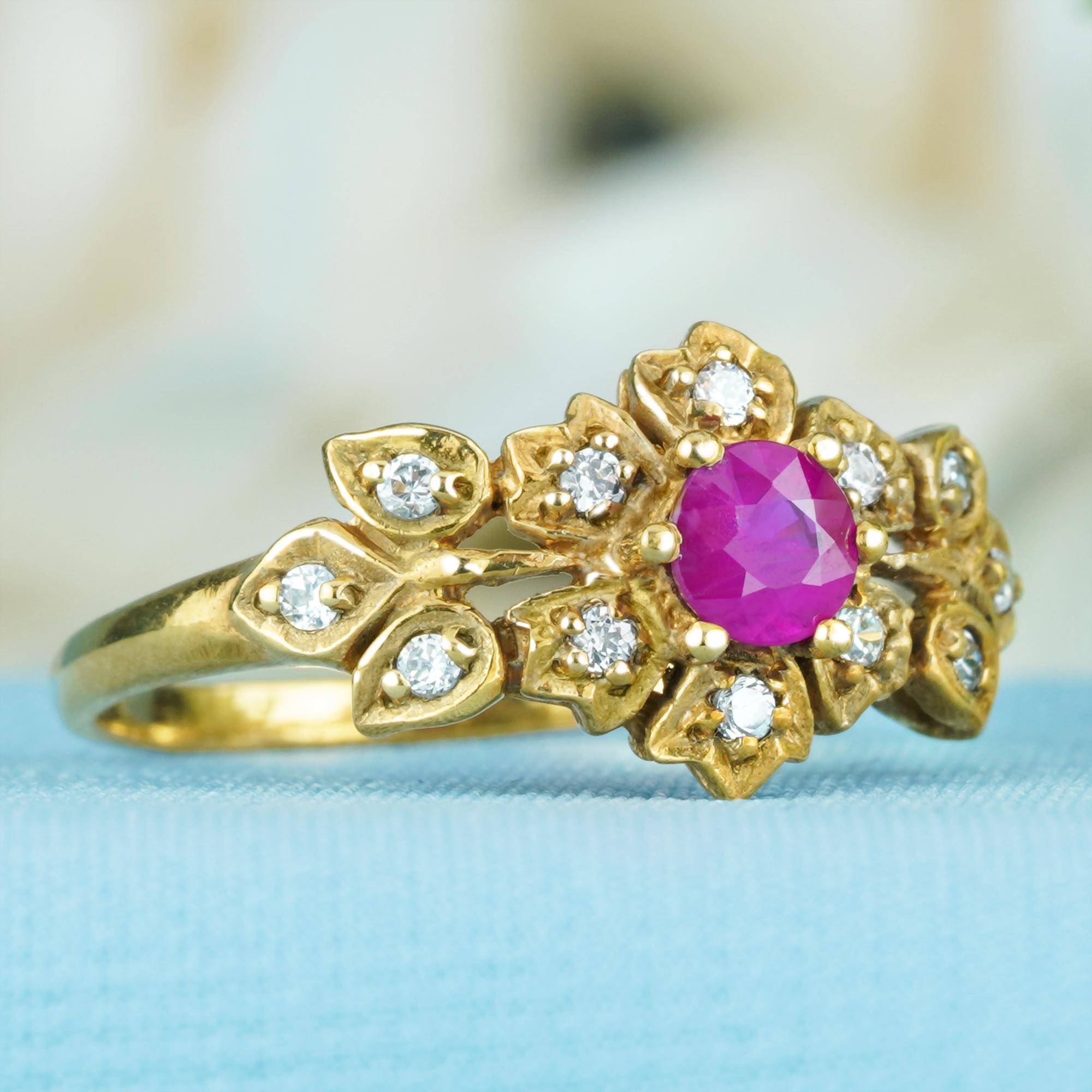 Victorian Natural Ruby and Diamond Vintage Style Floral Ring in Solid 9K Yellow Gold For Sale
