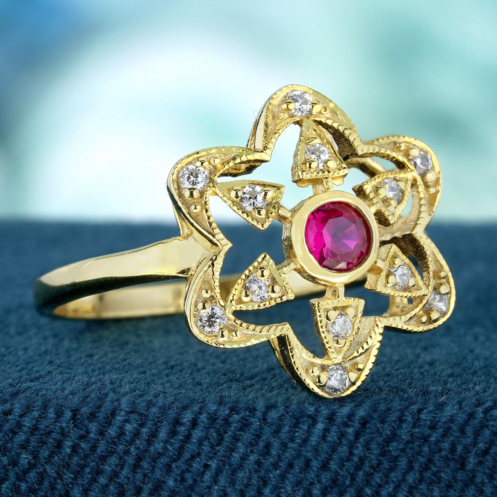 Edwardian Natural Ruby and Diamond Vintage Style Floral Ring in Solid 9K Yellow Gold For Sale