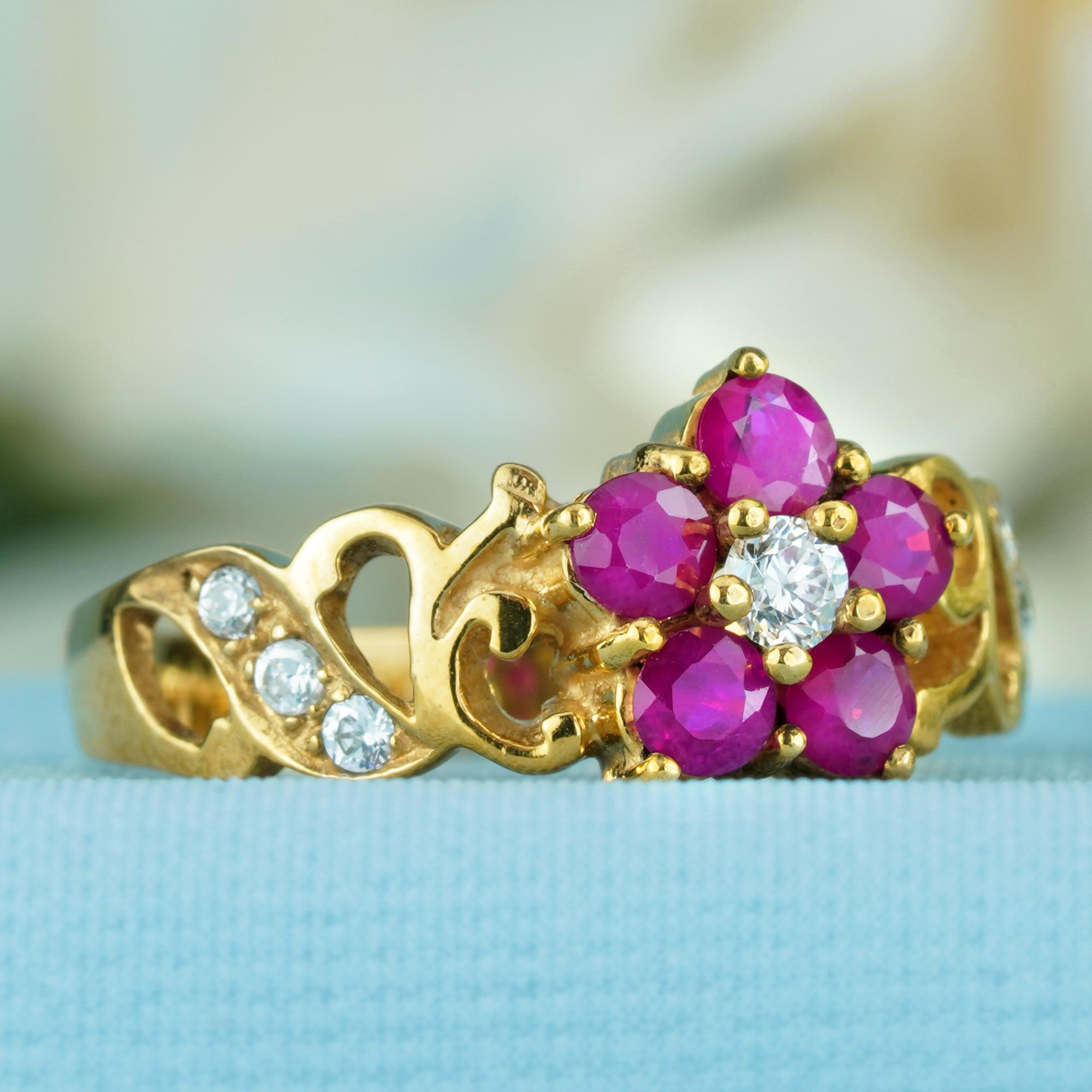 Edwardian Natural Ruby and Diamond Vintage Style Floral Ring in Solid 9K Yellow Gold