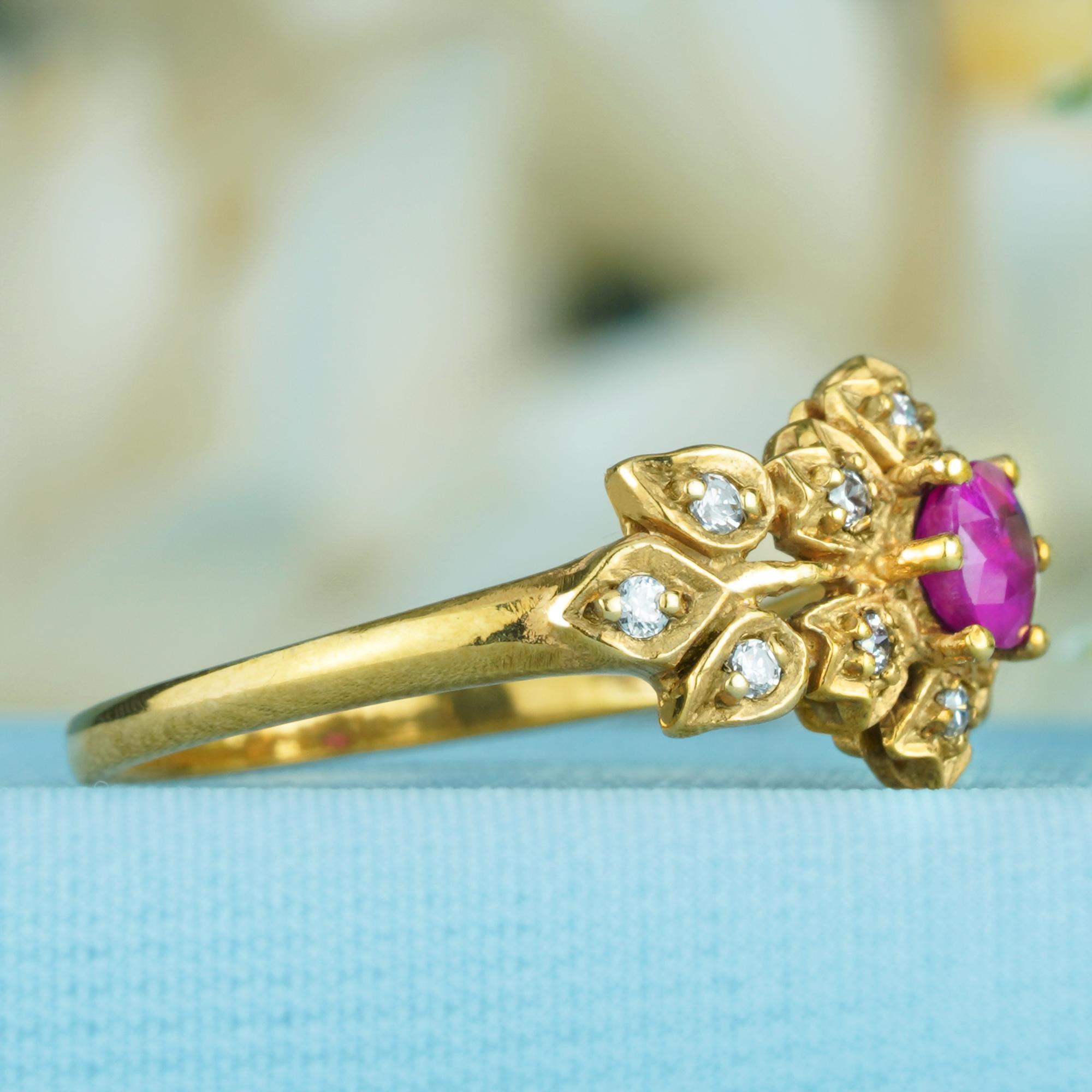 Round Cut Natural Ruby and Diamond Vintage Style Floral Ring in Solid 9K Yellow Gold For Sale