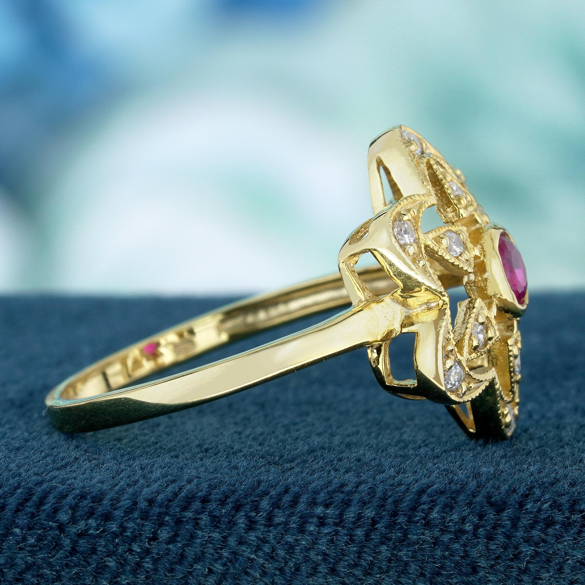Round Cut Natural Ruby and Diamond Vintage Style Floral Ring in Solid 9K Yellow Gold For Sale