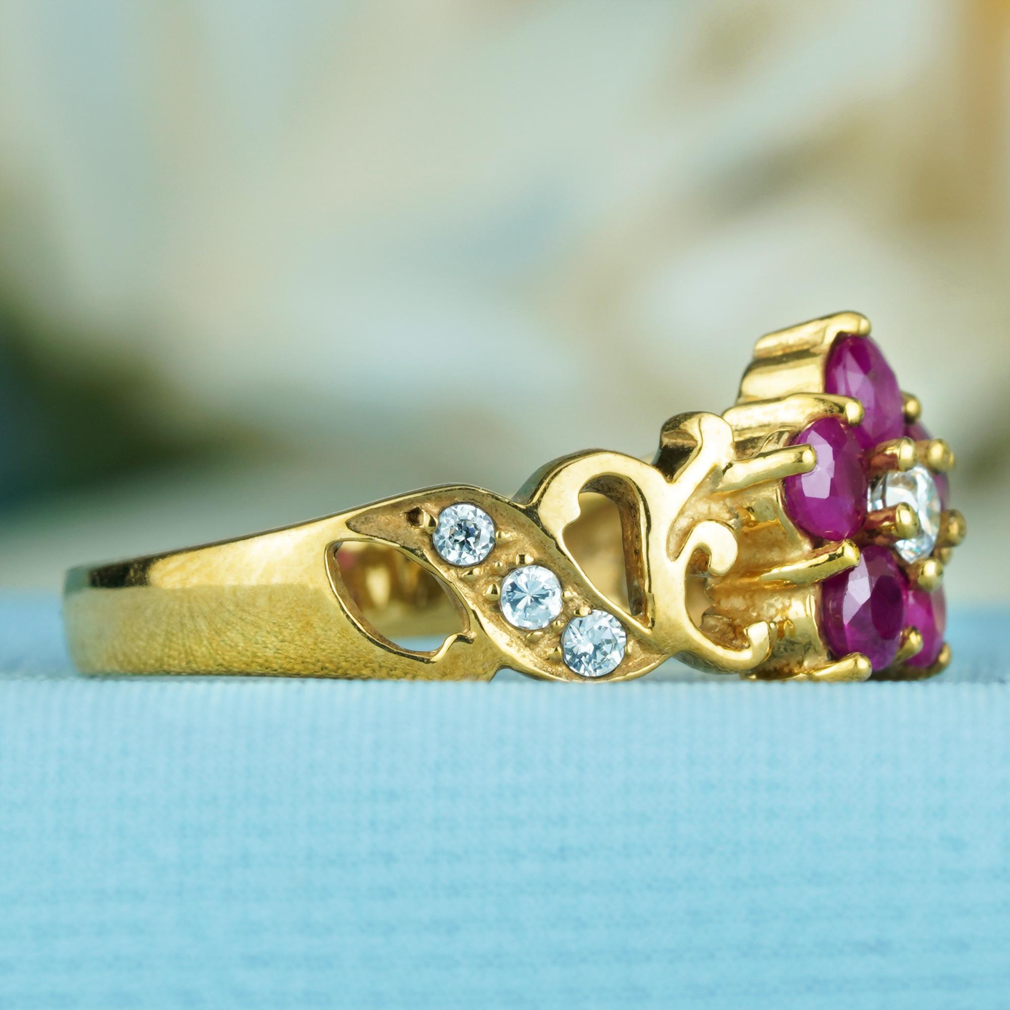 Round Cut Natural Ruby and Diamond Vintage Style Floral Ring in Solid 9K Yellow Gold