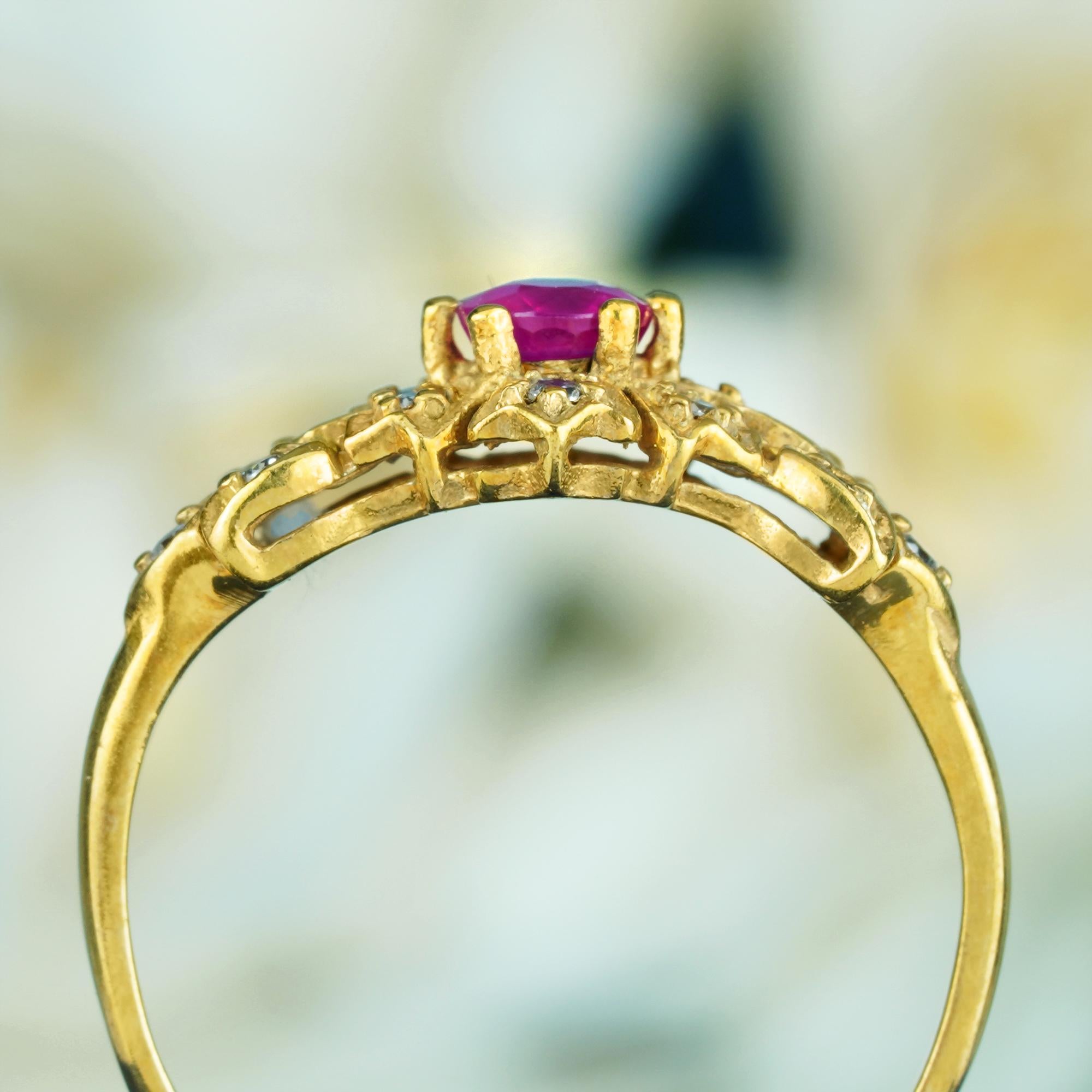 Natural Ruby and Diamond Vintage Style Floral Ring in Solid 9K Yellow Gold In New Condition For Sale In Bangkok, TH