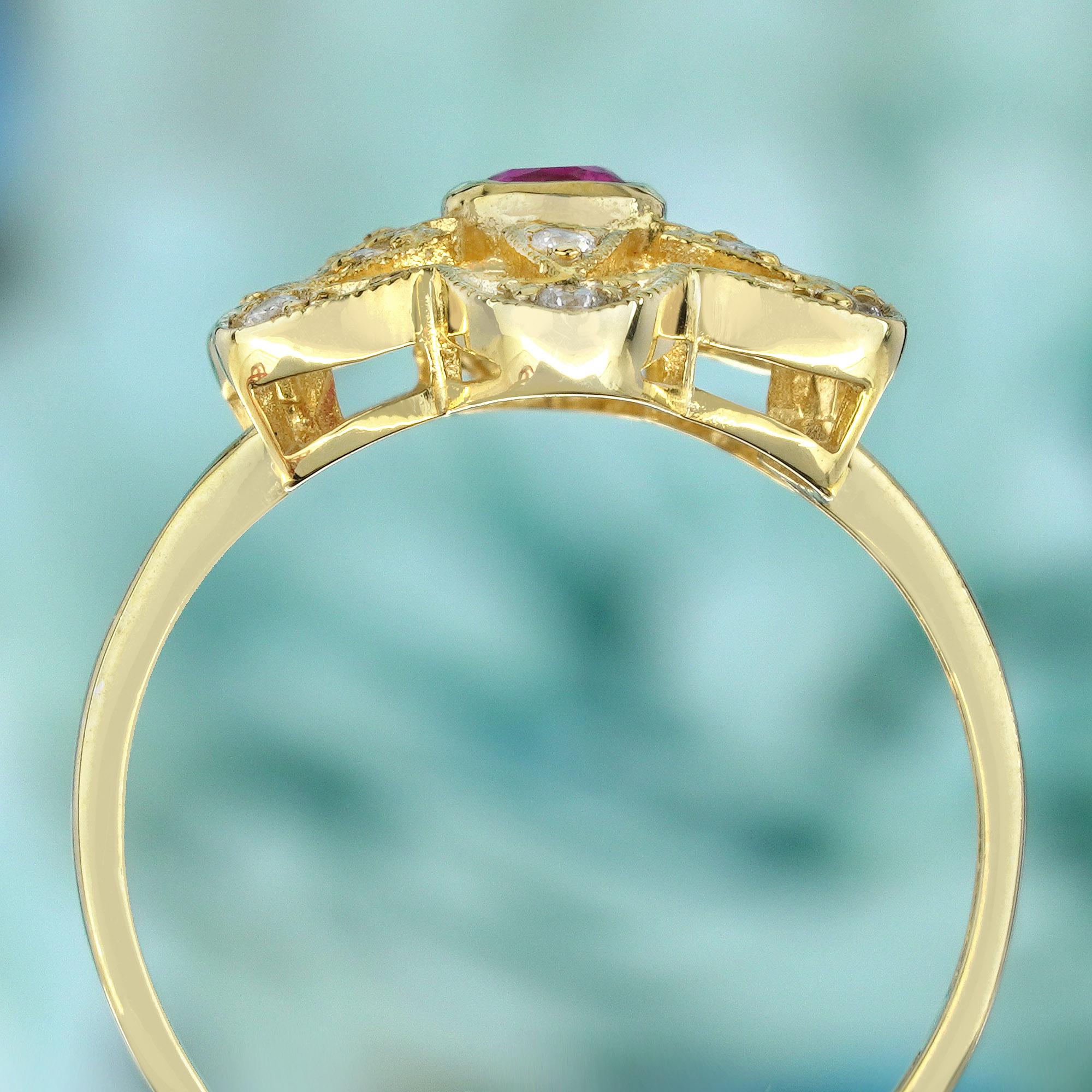 Natural Ruby and Diamond Vintage Style Floral Ring in Solid 9K Yellow Gold In New Condition For Sale In Bangkok, TH