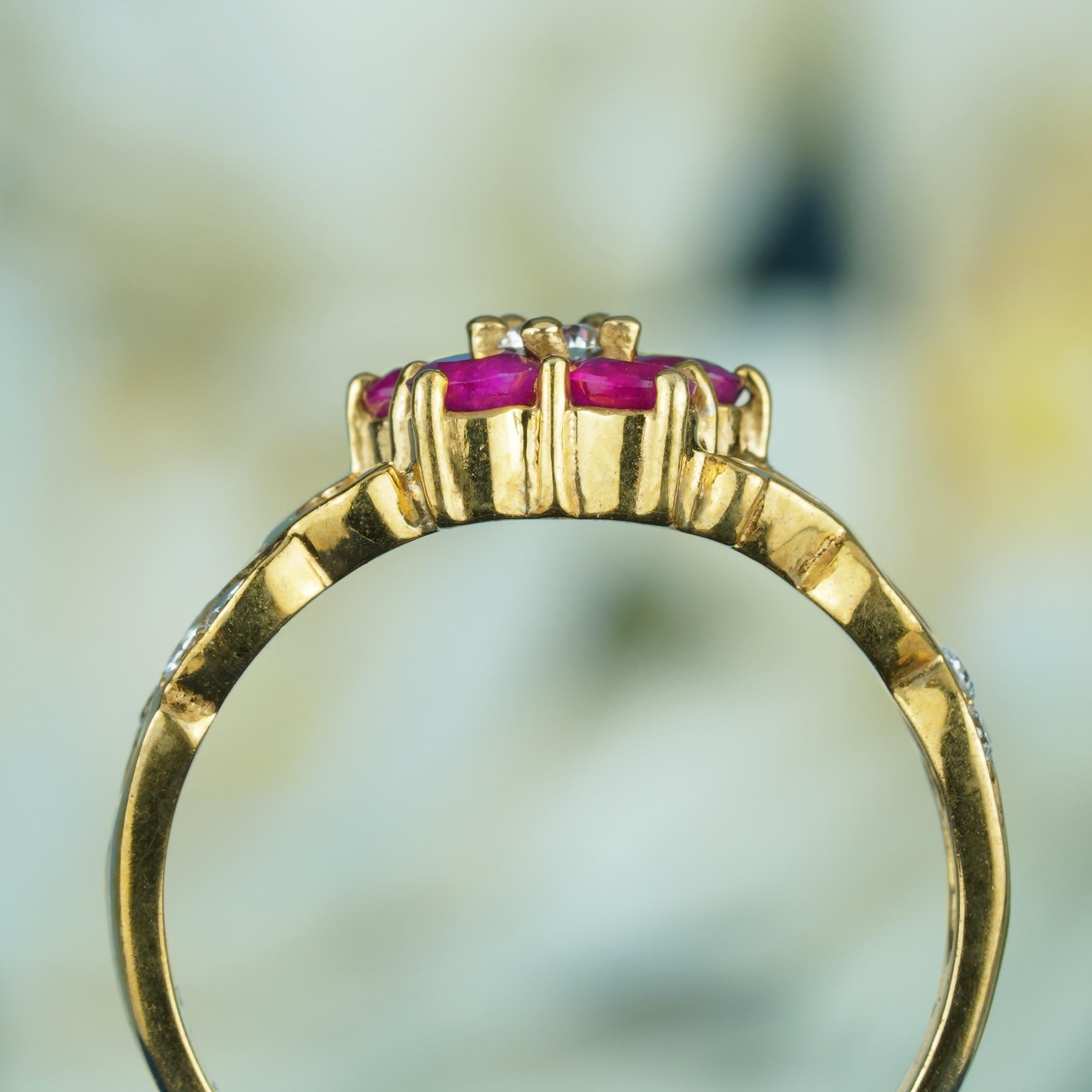 Natural Ruby and Diamond Vintage Style Floral Ring in Solid 9K Yellow Gold In New Condition In Bangkok, TH