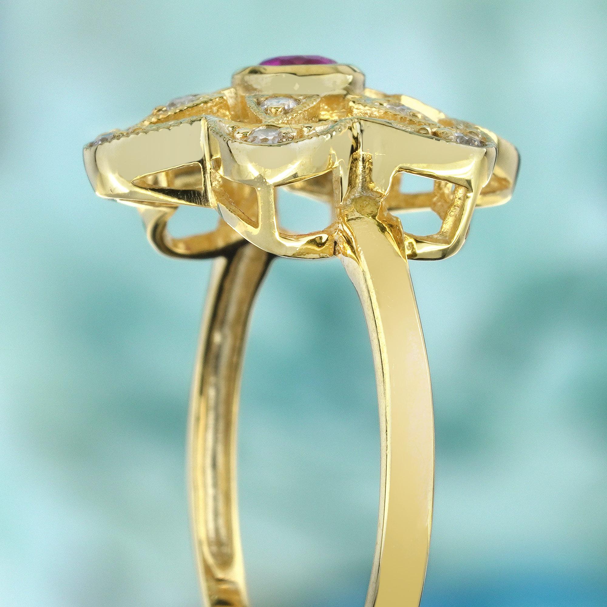 Women's Natural Ruby and Diamond Vintage Style Floral Ring in Solid 9K Yellow Gold For Sale