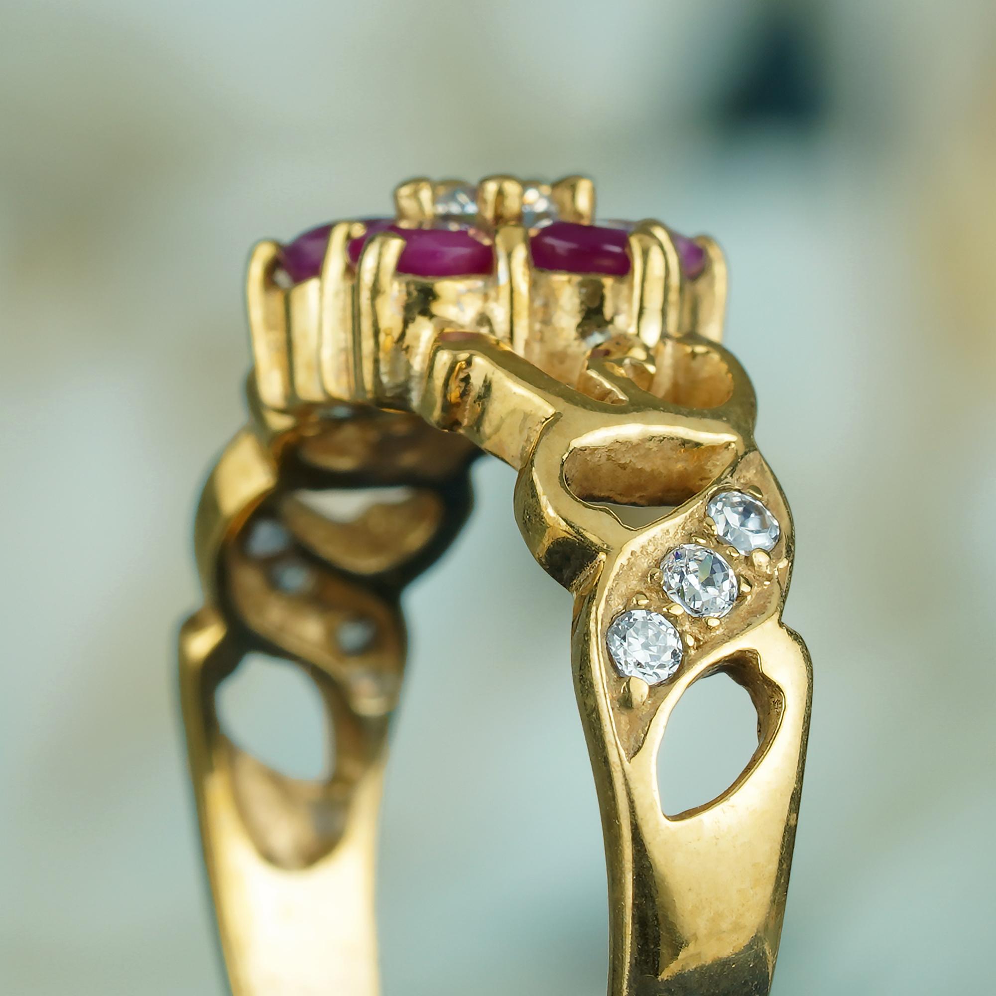 Women's Natural Ruby and Diamond Vintage Style Floral Ring in Solid 9K Yellow Gold