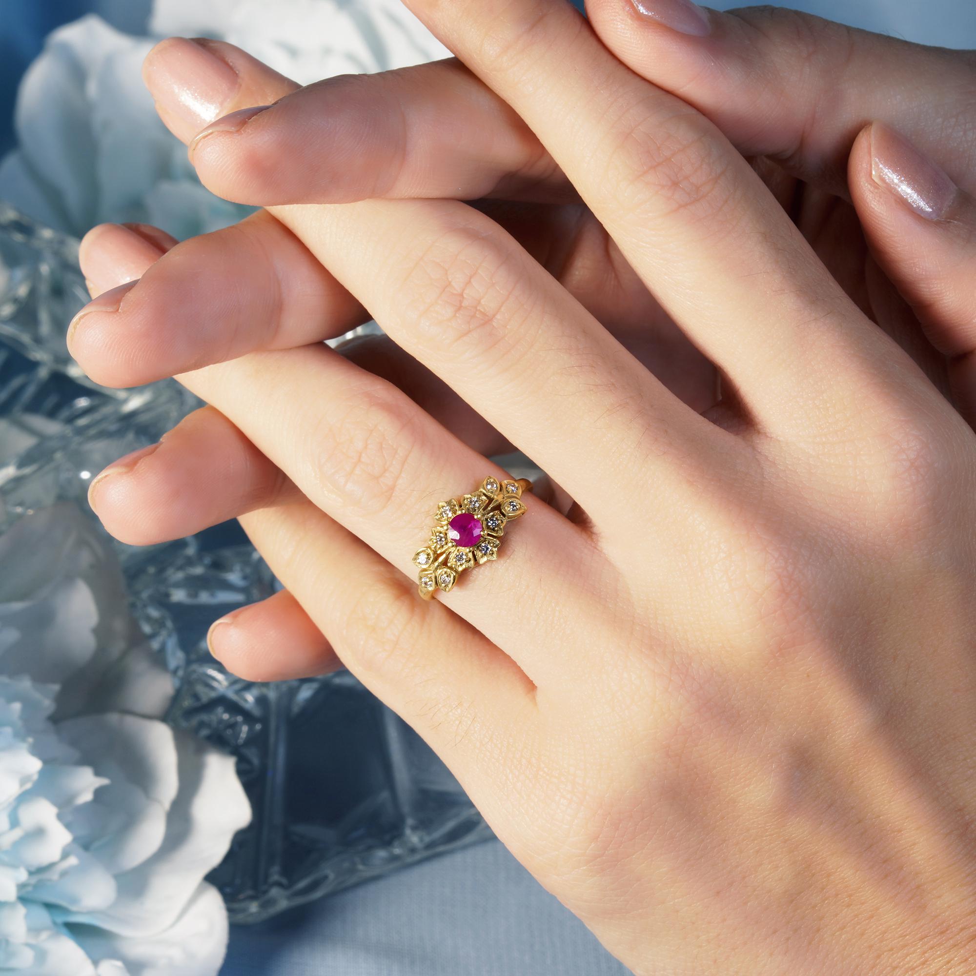 Natural Ruby and Diamond Vintage Style Floral Ring in Solid 9K Yellow Gold For Sale 2