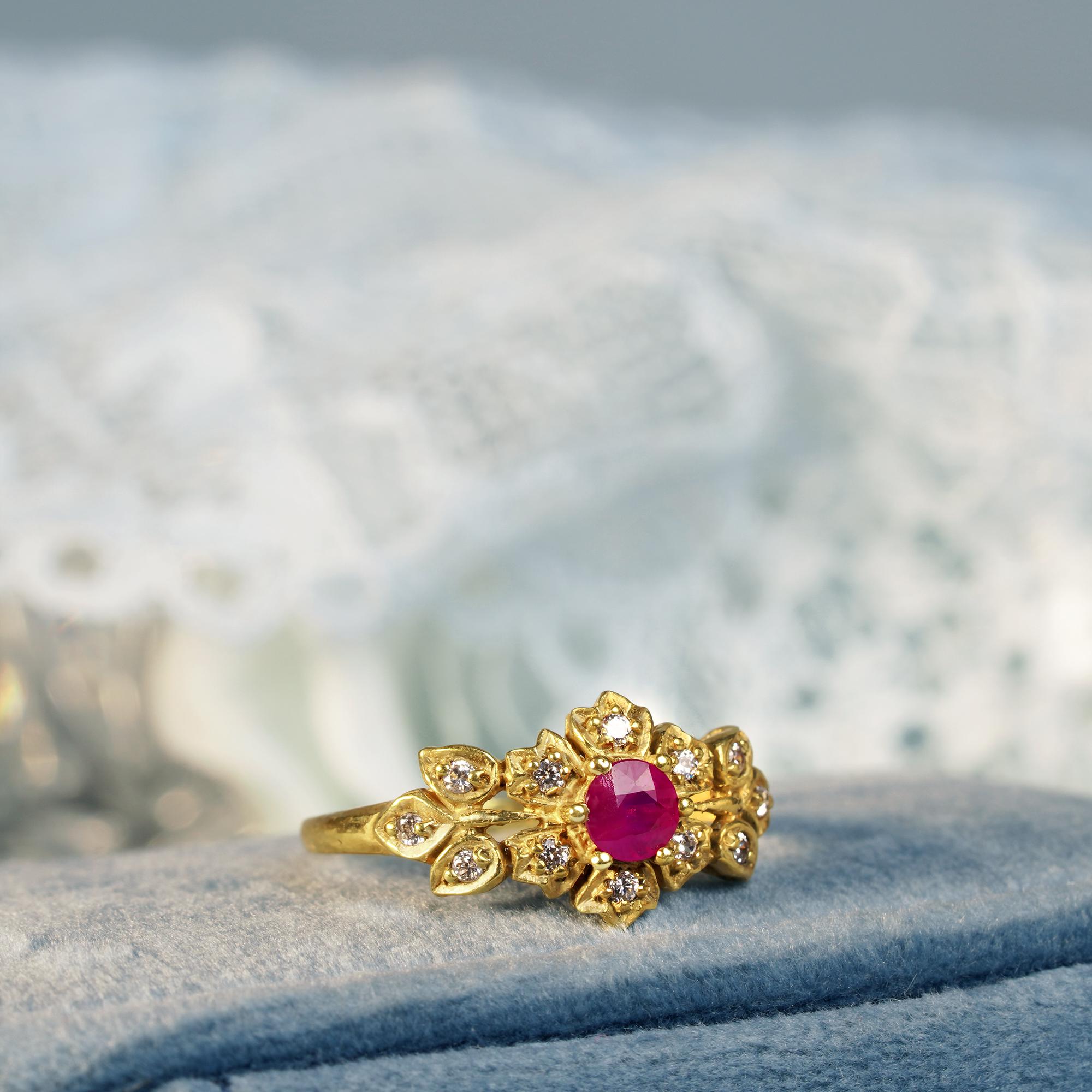 Natural Ruby and Diamond Vintage Style Floral Ring in Solid 9K Yellow Gold For Sale 3
