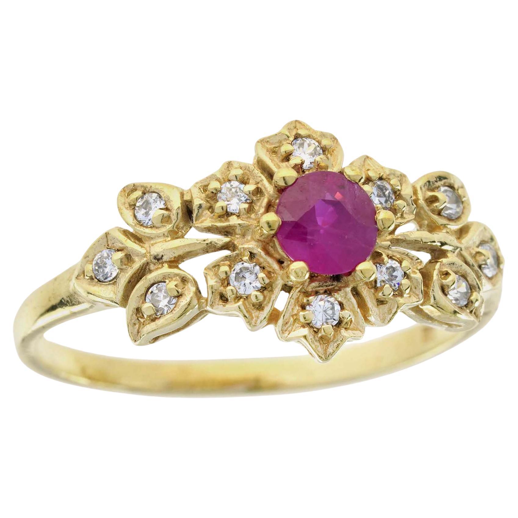 Natural Ruby and Diamond Vintage Style Floral Ring in Solid 9K Yellow Gold For Sale
