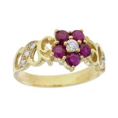 Anello floreale in stile vintage con rubino naturale e diamante in oro giallo massiccio 9K