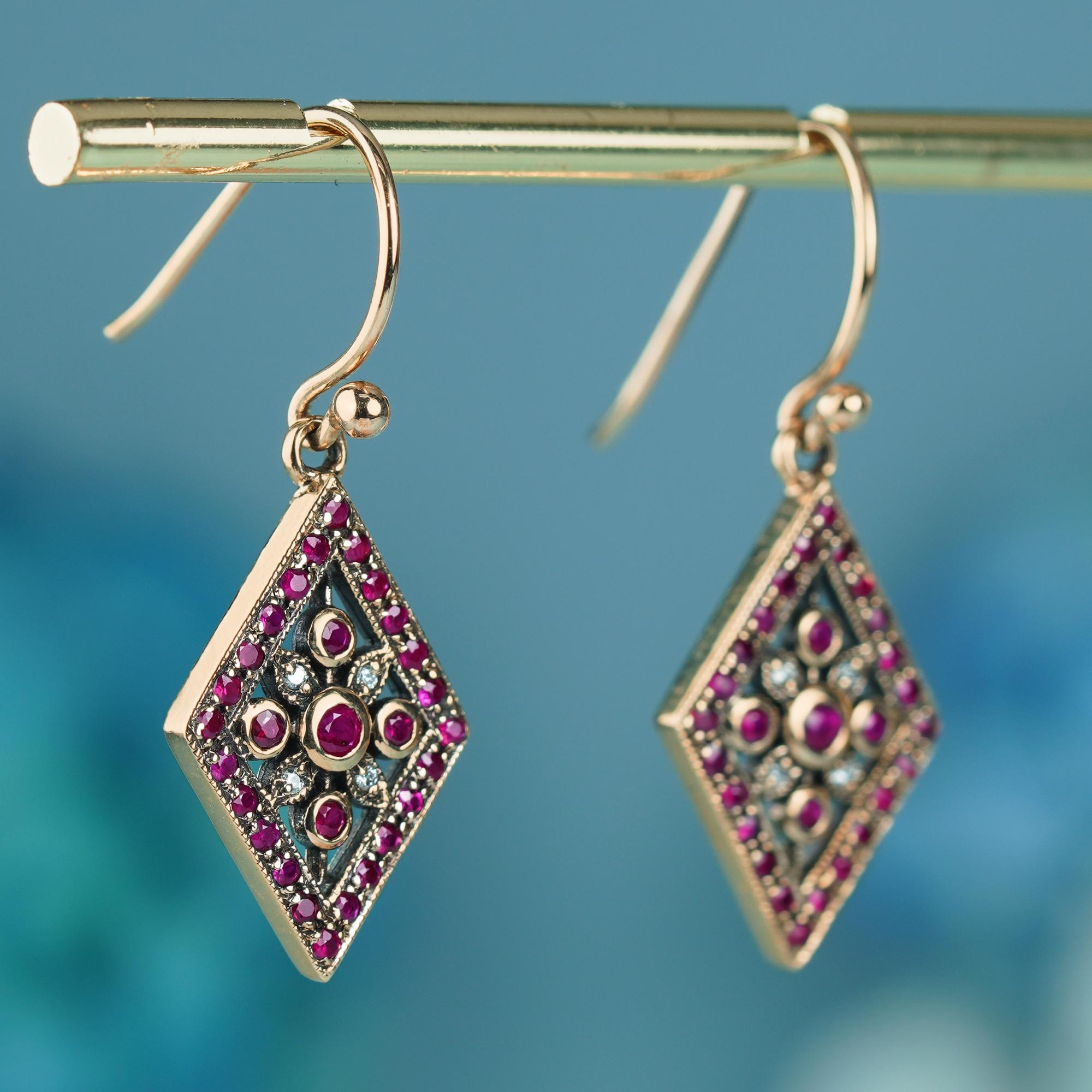 Art Deco Natural Ruby and Diamond Vintage Style Geometric Drop Earrings in Solid 9K Gold For Sale
