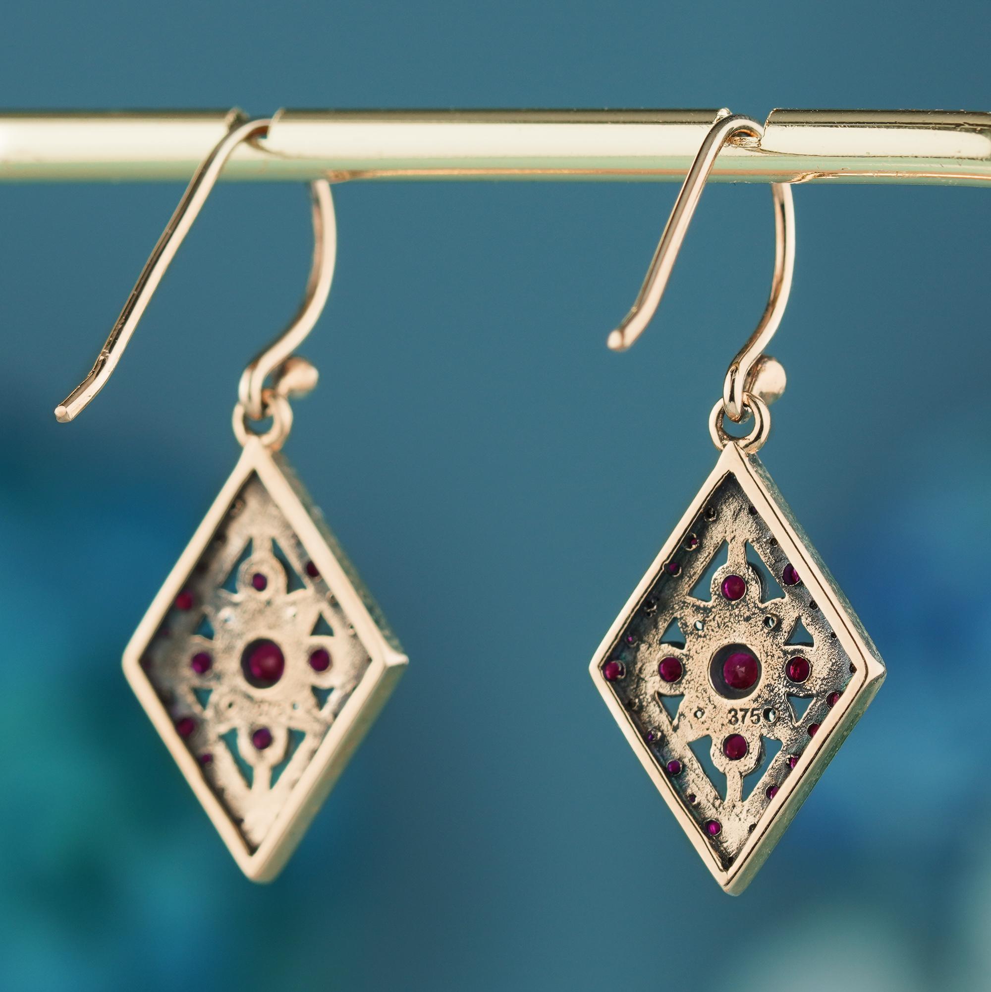 Round Cut Natural Ruby and Diamond Vintage Style Geometric Drop Earrings in Solid 9K Gold For Sale