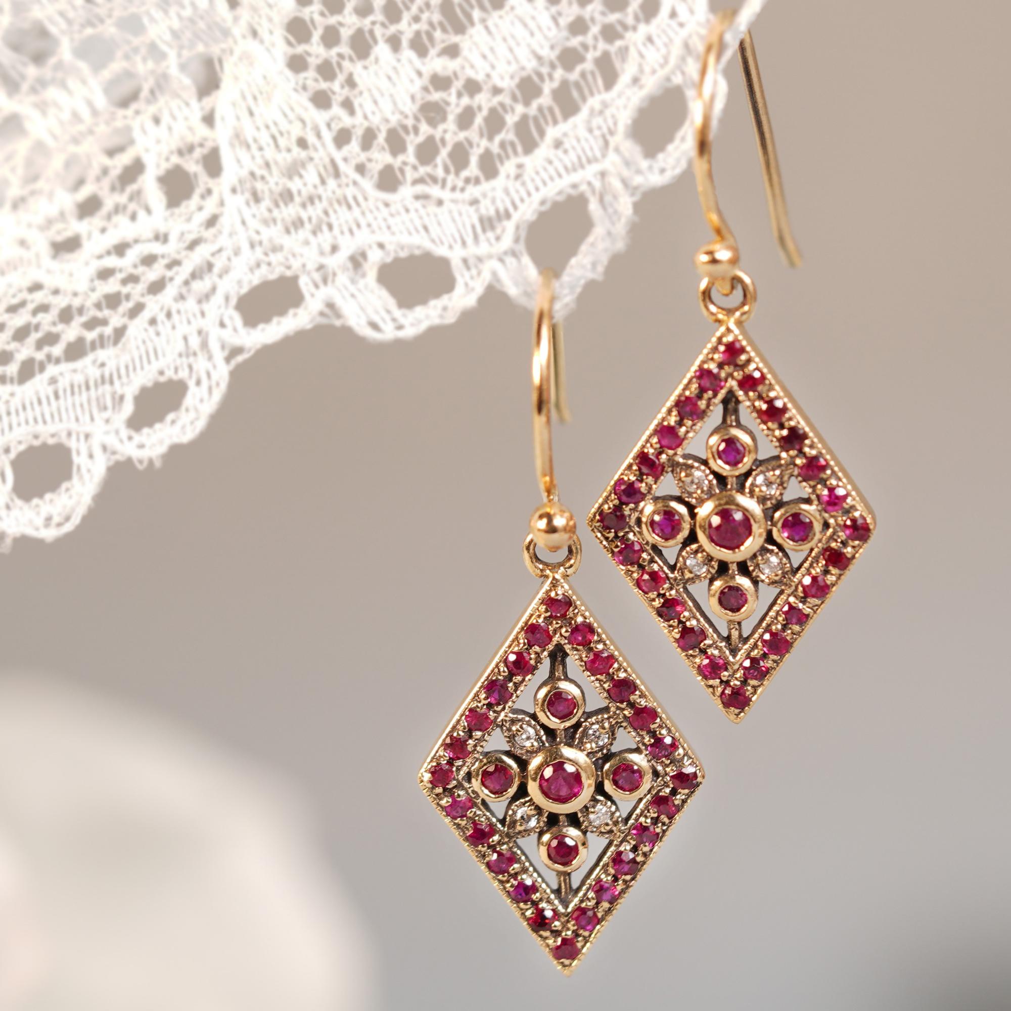 Women's Natural Ruby and Diamond Vintage Style Geometric Drop Earrings in Solid 9K Gold For Sale