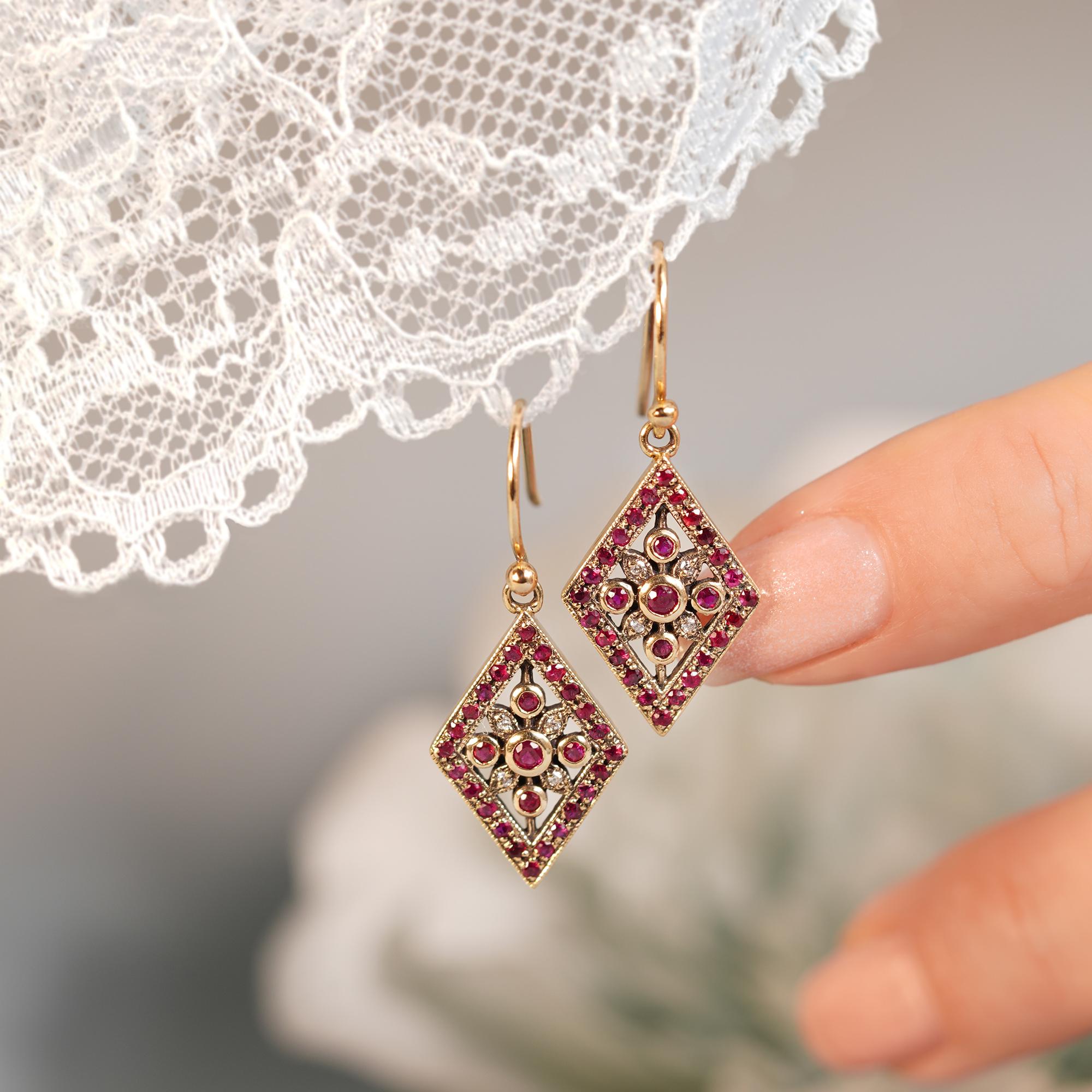 Natural Ruby and Diamond Vintage Style Geometric Drop Earrings in Solid 9K Gold For Sale 1