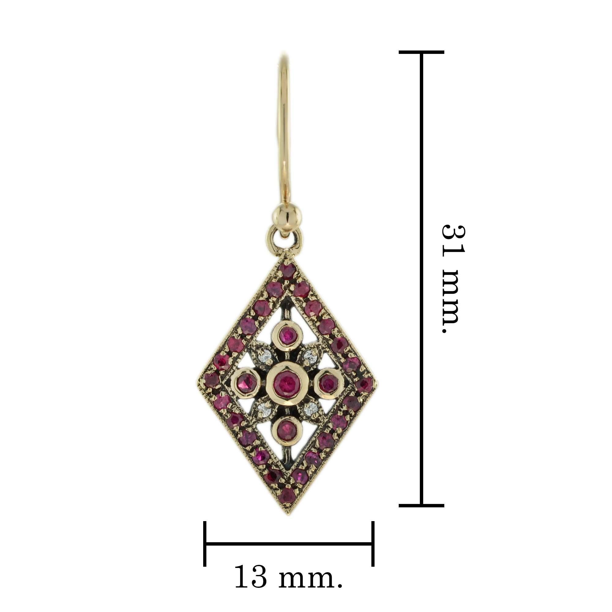 Natural Ruby and Diamond Vintage Style Geometric Drop Earrings in Solid 9K Gold For Sale 2
