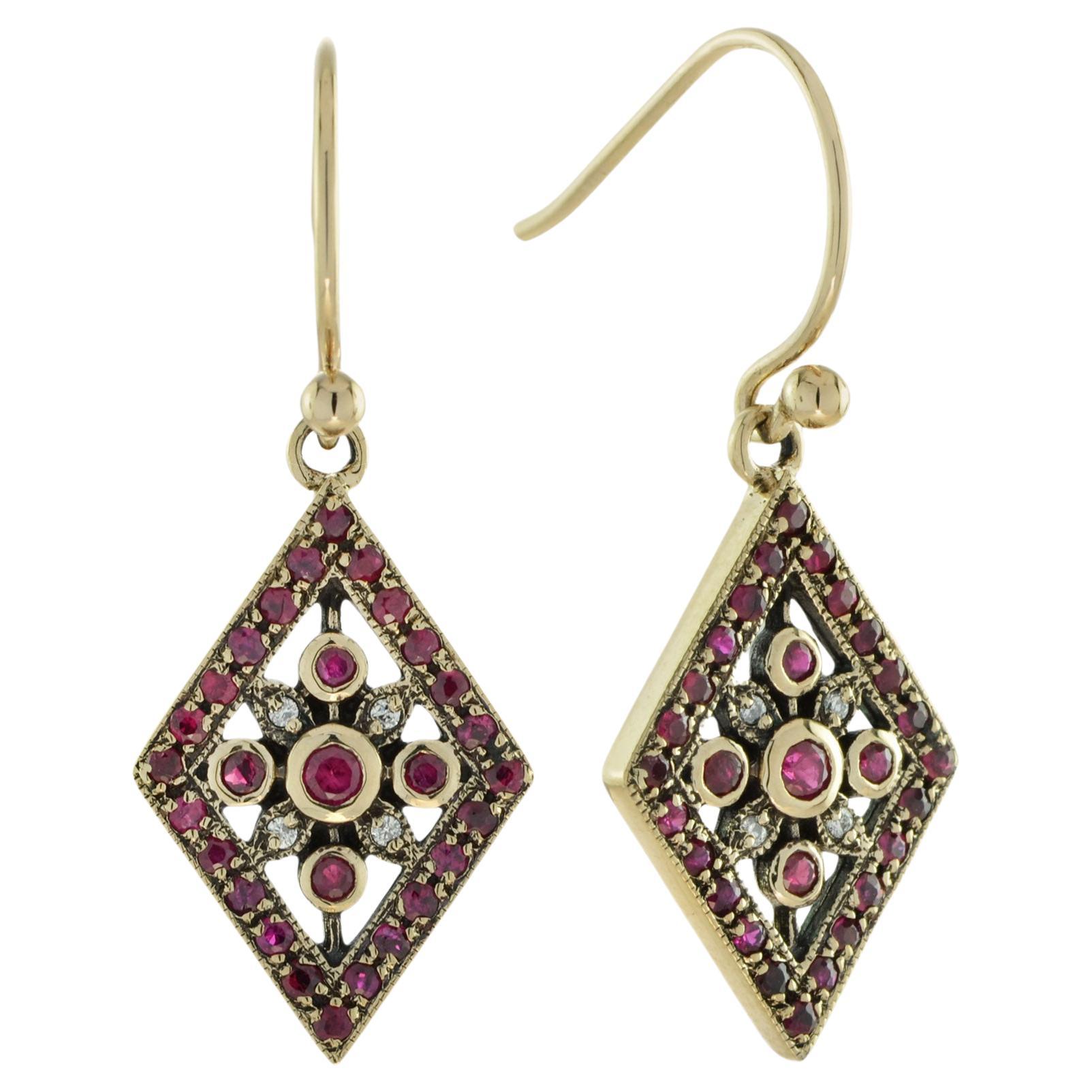 Natural Ruby and Diamond Vintage Style Geometric Drop Earrings in Solid 9K Gold For Sale