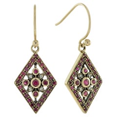 Natural Ruby and Diamond Antique Style Geometric Drop Earrings in Solid 9K Gold