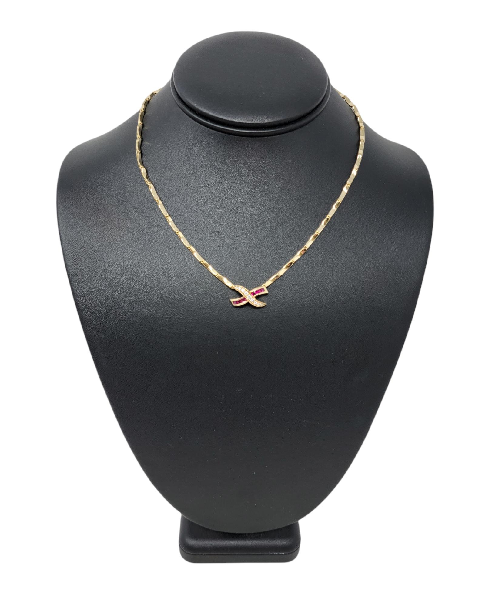 Natural Ruby and Diamond 'X' Design Pendant Necklace in 18 Karat Yellow Gold For Sale 8