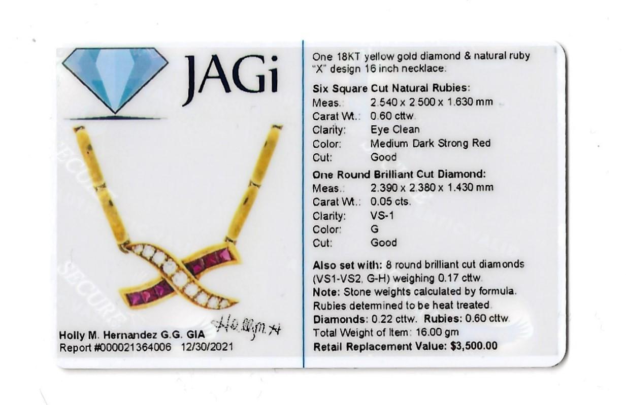 Natural Ruby and Diamond 'X' Design Pendant Necklace in 18 Karat Yellow Gold For Sale 9