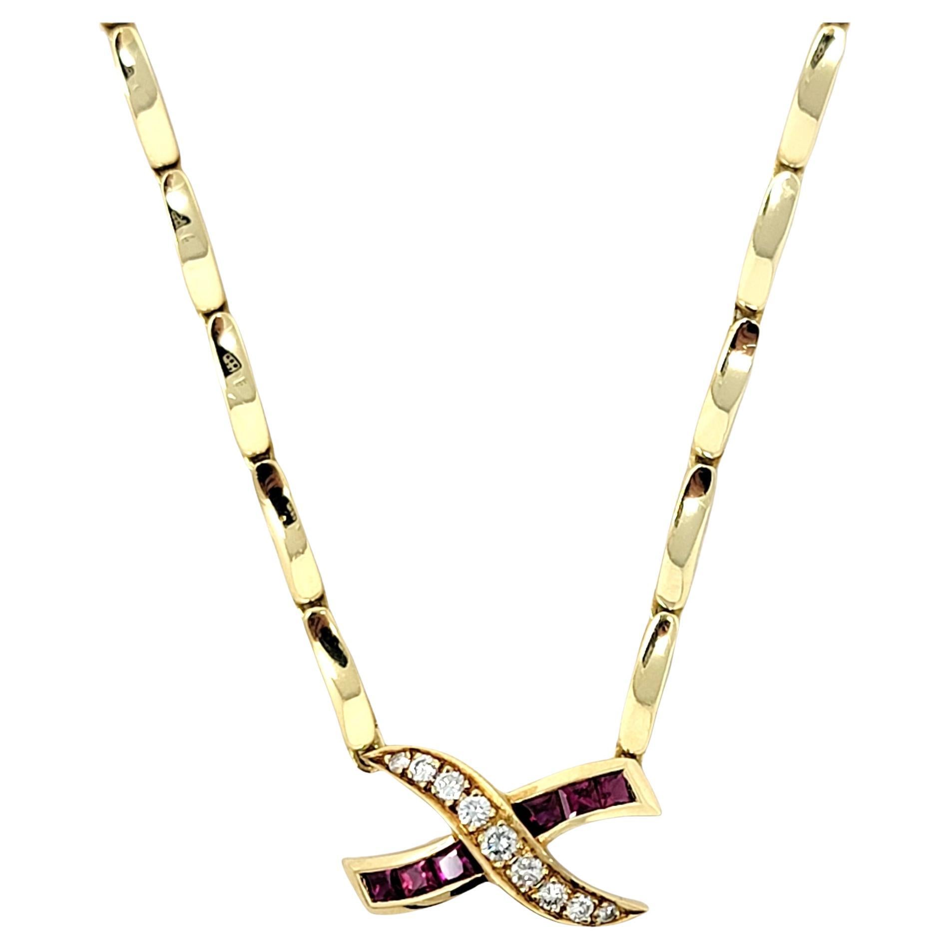 Contemporary Natural Ruby and Diamond 'X' Design Pendant Necklace in 18 Karat Yellow Gold For Sale