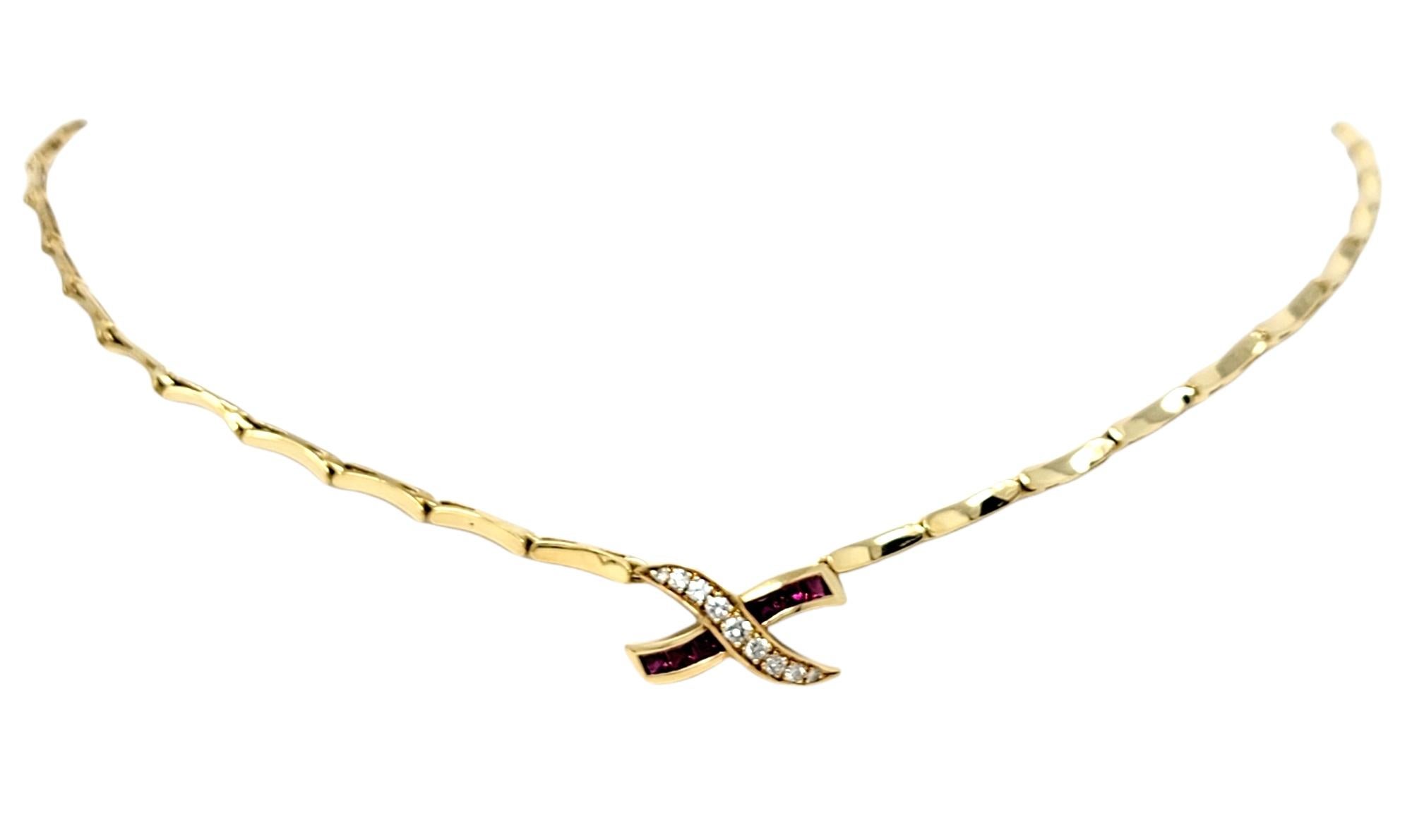 Square Cut Natural Ruby and Diamond 'X' Design Pendant Necklace in 18 Karat Yellow Gold For Sale